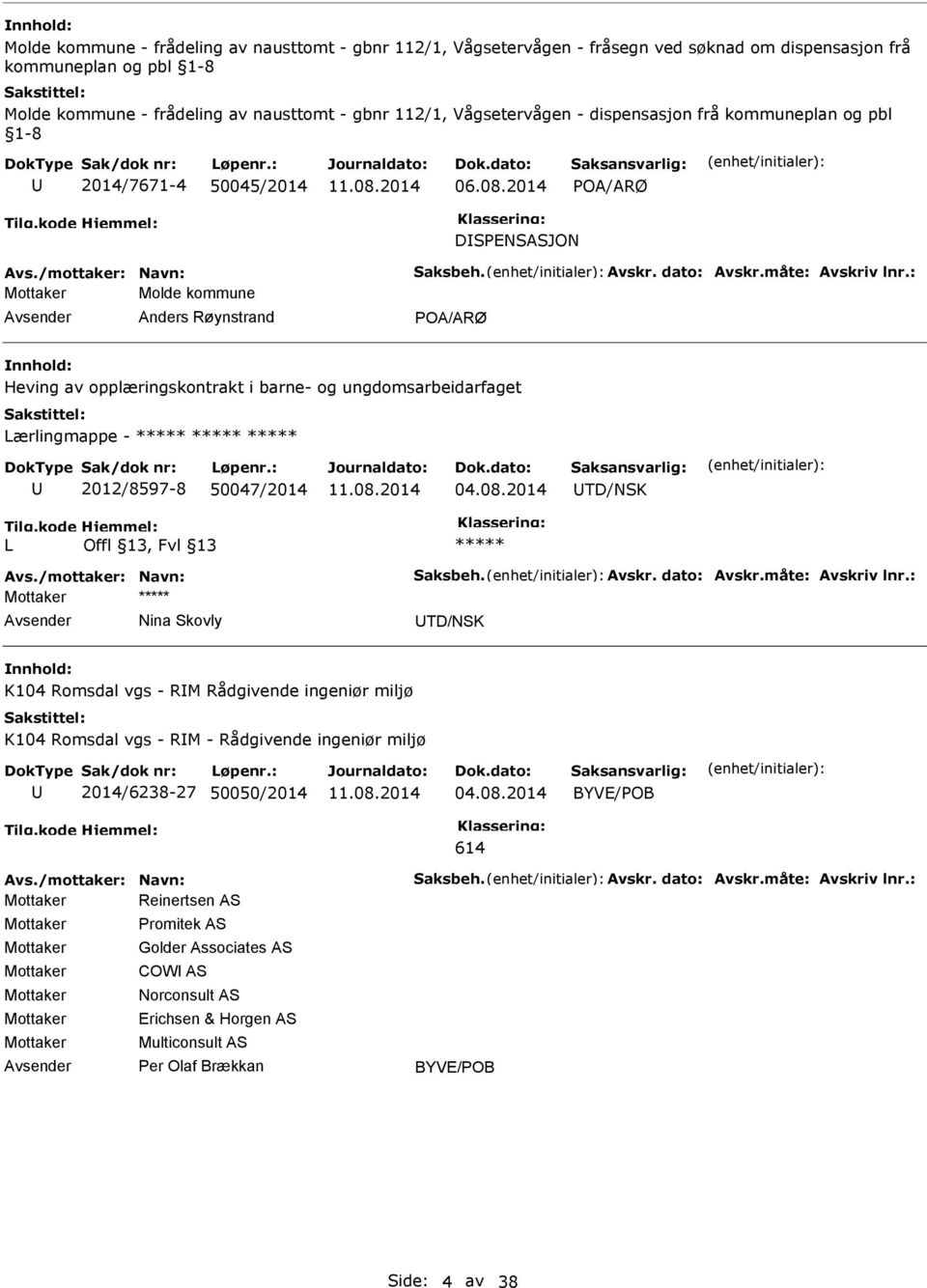 : Mottaker Molde kommune Anders Røynstrand POA/ARØ Heving av opplæringskontrakt i barne- og ungdomsarbeidarfaget Lærlingmappe - ***** ***** ***** 2012/8597-8 50047/2014 04.08.2014 TD/NSK L ***** Avs.