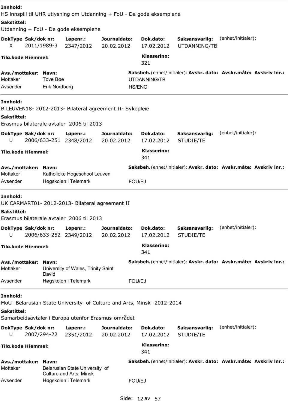 : TDANNNG/TB H/ENO B LEVEN18-2012-2013- Bilateral agreement - ykepleie Erasmus bilaterale avtaler 2006 til 2013 2006/633-251 2348/2012 TDE/TE Mottaker Katholieke Hogeschool Leuven 341 aksbeh. Avskr.