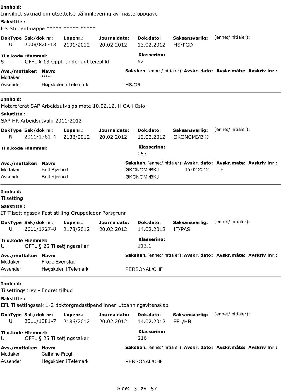 måte: Avskriv lnr.: Mottaker Britt Kjørholt ØKONOM/BKJ 15.02.2012 TE Britt Kjørholt ØKONOM/BKJ Tilsetting T Tilsettingssak Fast stilling Gruppeleder orsgrunn 2011/1727-8 2173/2012 14.02.2012 T/A OFFL 25 Tilsetjingssaker 212.