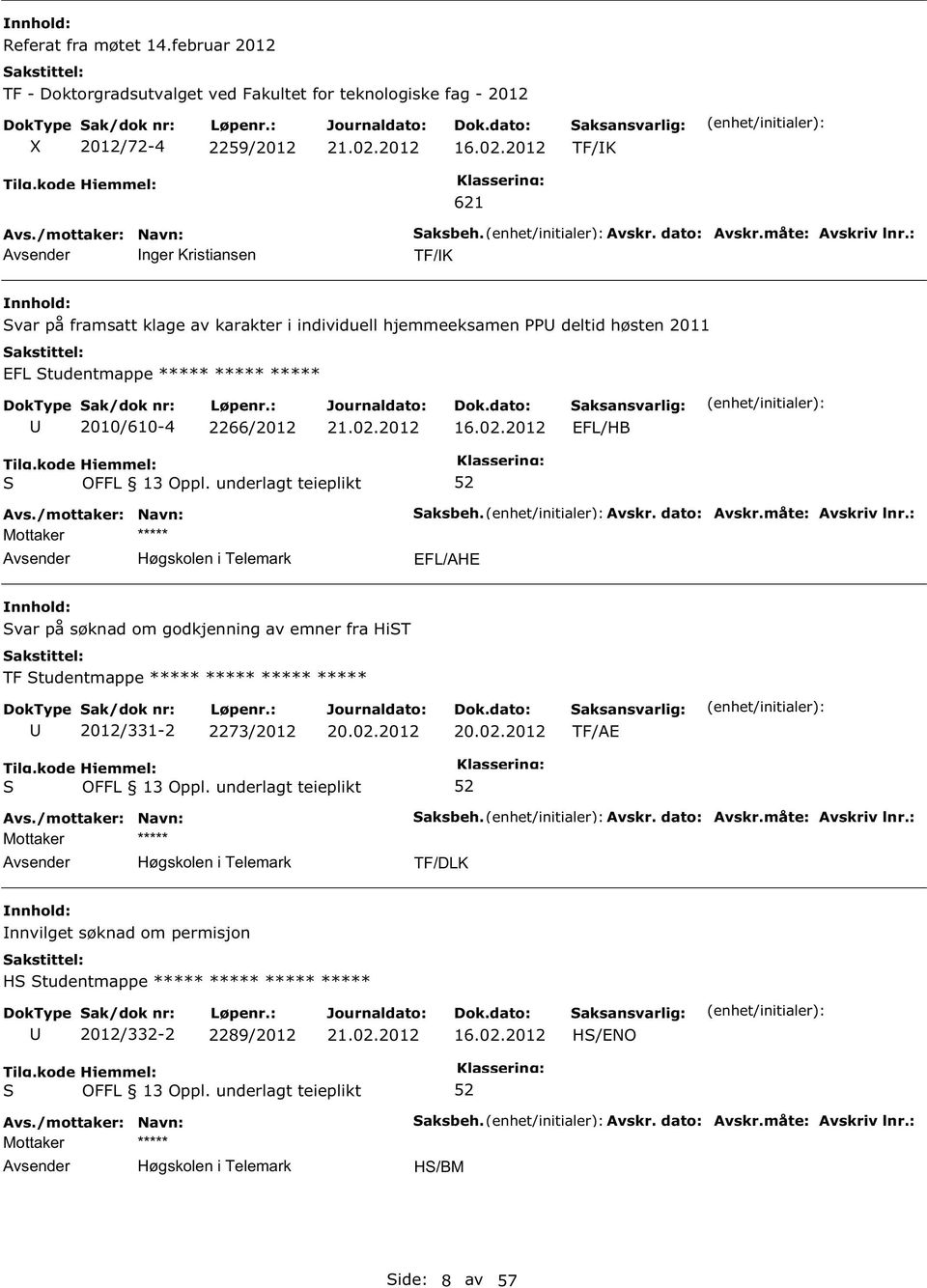 2012 EFL/HB Mottaker ***** Høgskolen i Telemark aksbeh. Avskr. dato: Avskr.måte: Avskriv lnr.