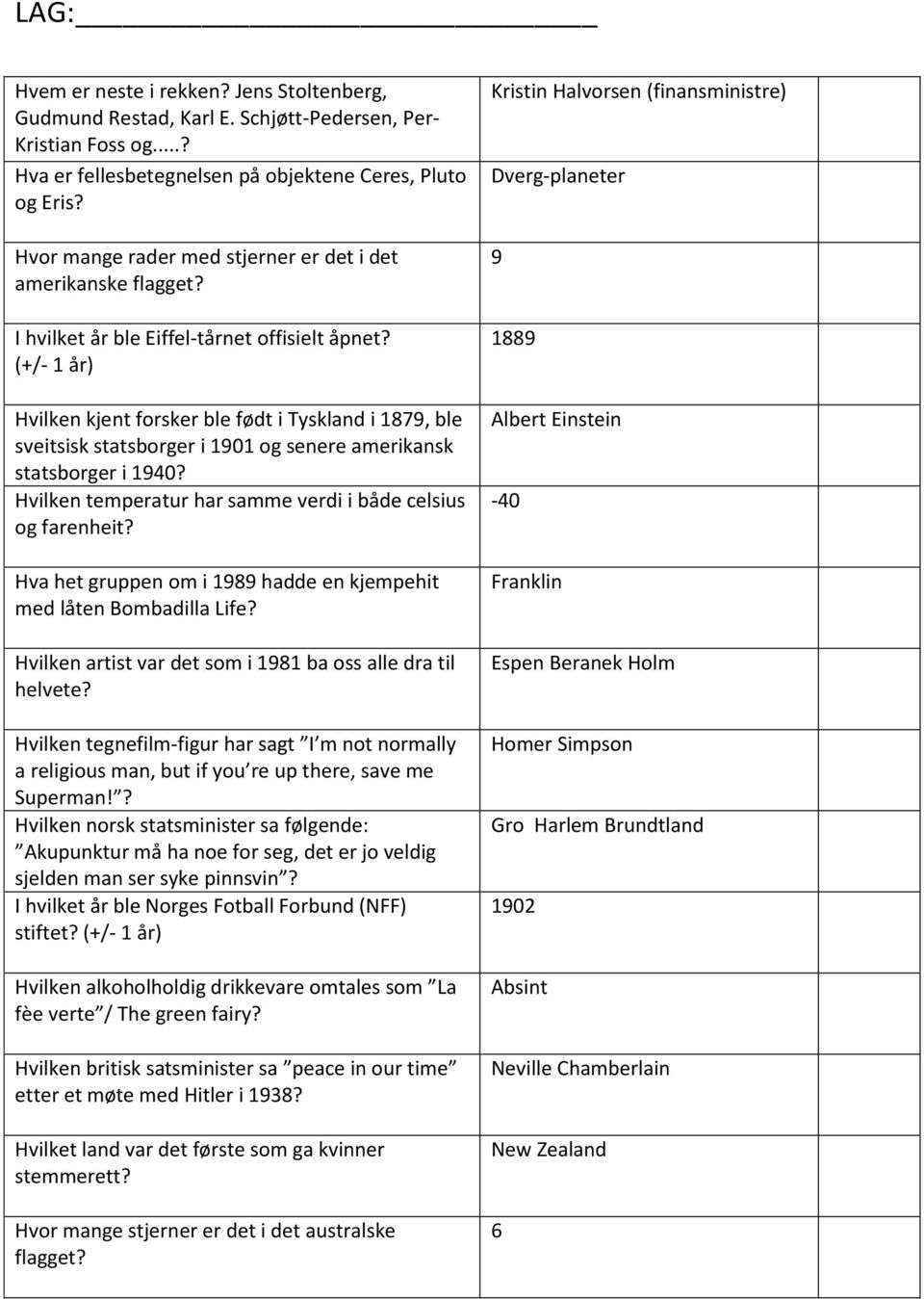 (+/- 1 år) Hvilken kjent forsker ble født i Tyskland i 1879, ble sveitsisk statsborger i 1901 og senere amerikansk statsborger i 1940? Hvilken temperatur har samme verdi i både celsius og farenheit?