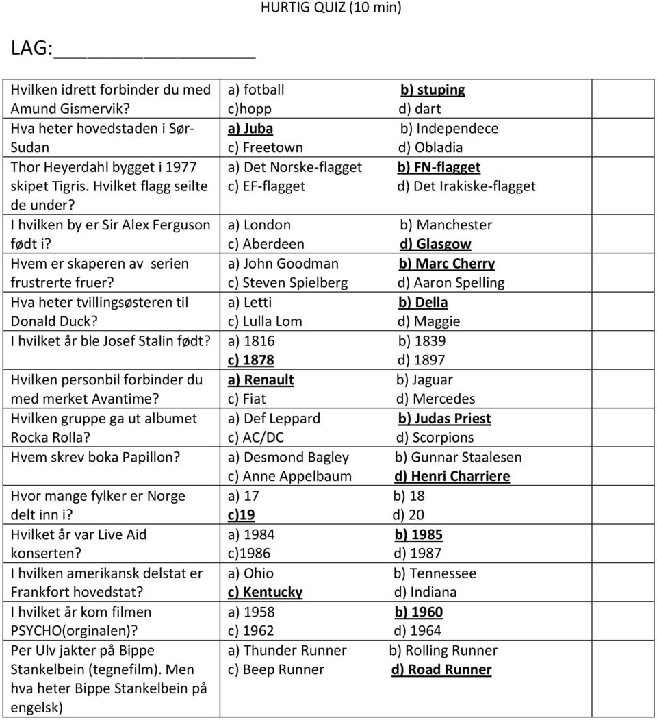 Hvilket flagg seilte c) EF-flagget d) Det Irakiske-flagget de under? I hvilken by er Sir Alex Ferguson a) London b) Manchester født i?