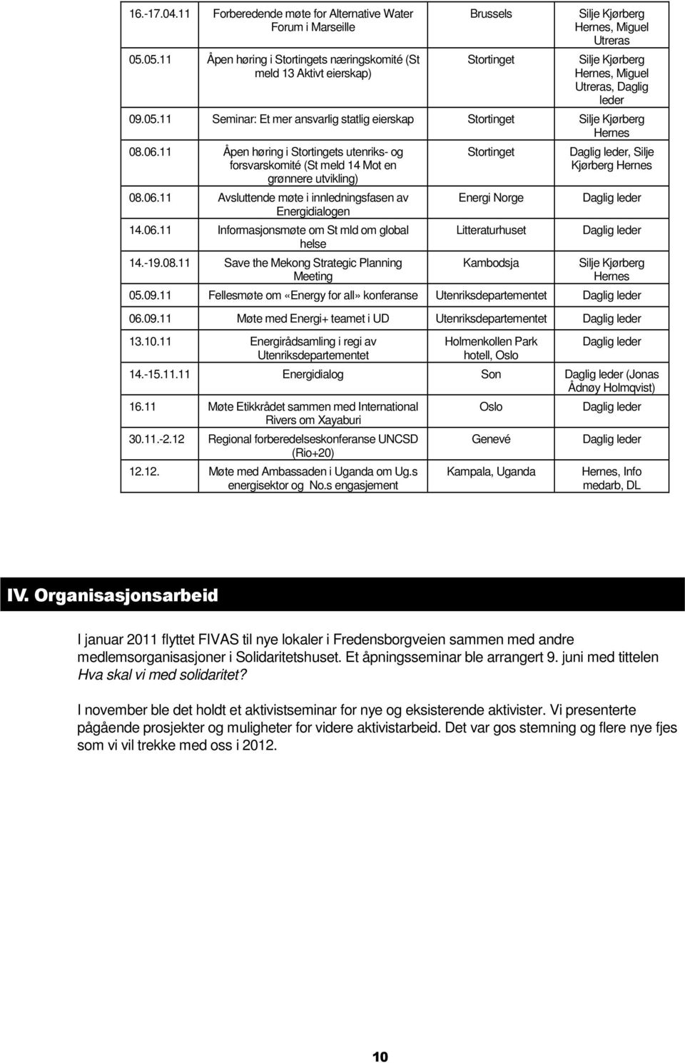 06.11 Åpen høring i Stortingets utenriks- og forsvarskomité (St meld 14 Mot en grønnere utvikling) 08.06.11 Avsluttende møte i innledningsfasen av Energidialogen 14.06.11 Informasjonsmøte om St mld om global helse 14.