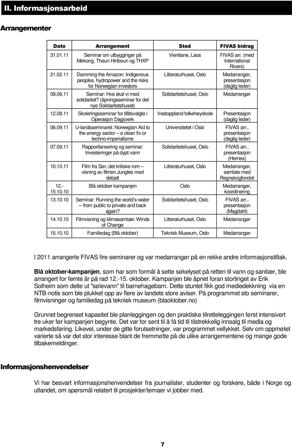 11 Skoleringsseminar for tillitsvalgte i Operasjon Dagsverk 06.09.11 U-landsseminaret: Norwegian Aid to the energy sector a clean fix or techno-imperialisme 07.09.11 Rapportlansering og seminar: Investeringer på dypt vann 10.