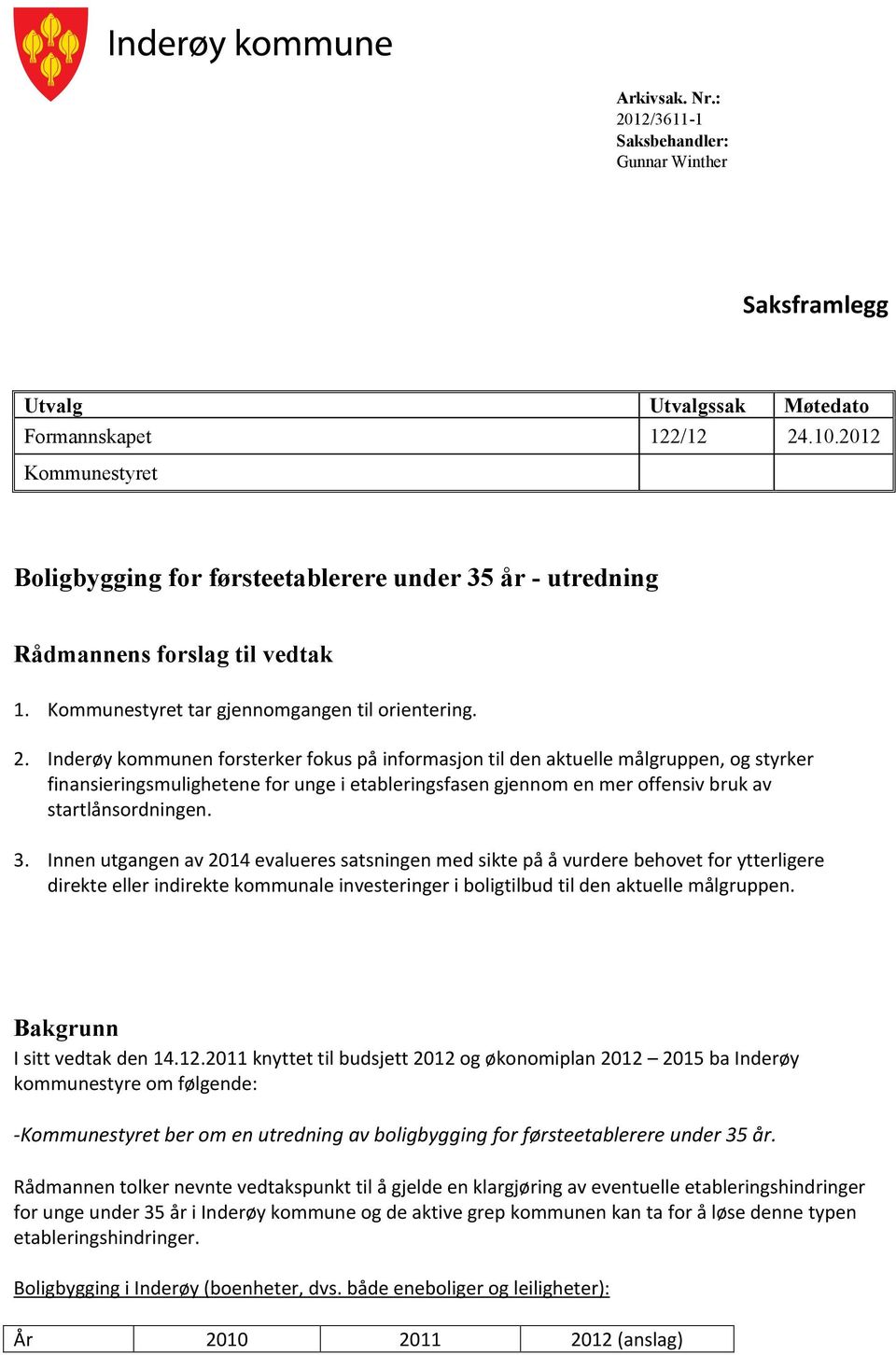 Inderøy kommunen forsterker fokus på informasjon til den aktuelle målgruppen, og styrker finansieringsmulighetene for unge i etableringsfasen gjennom en mer offensiv bruk av startlånsordningen. 3.