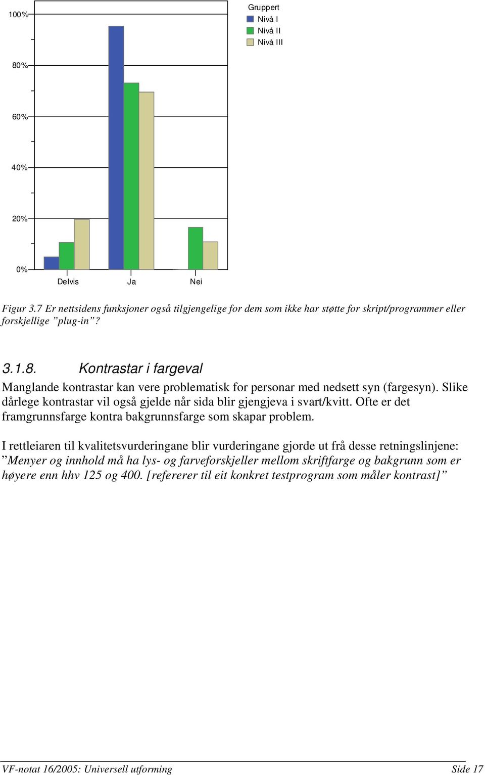 Kontrastar i fargeval Manglande kontrastar kan vere problematisk for personar med nedsett syn (fargesyn). Slike dårlege kontrastar vil også gjelde når sida blir gjengjeva i svart/kvitt.