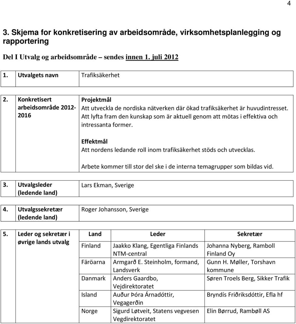 Att lyfta fram den kunskap som är aktuell genom att mötas i effektiva och intressanta former. Effektmål Att nordens ledande roll inom trafiksäkerhet stöds och utvecklas.