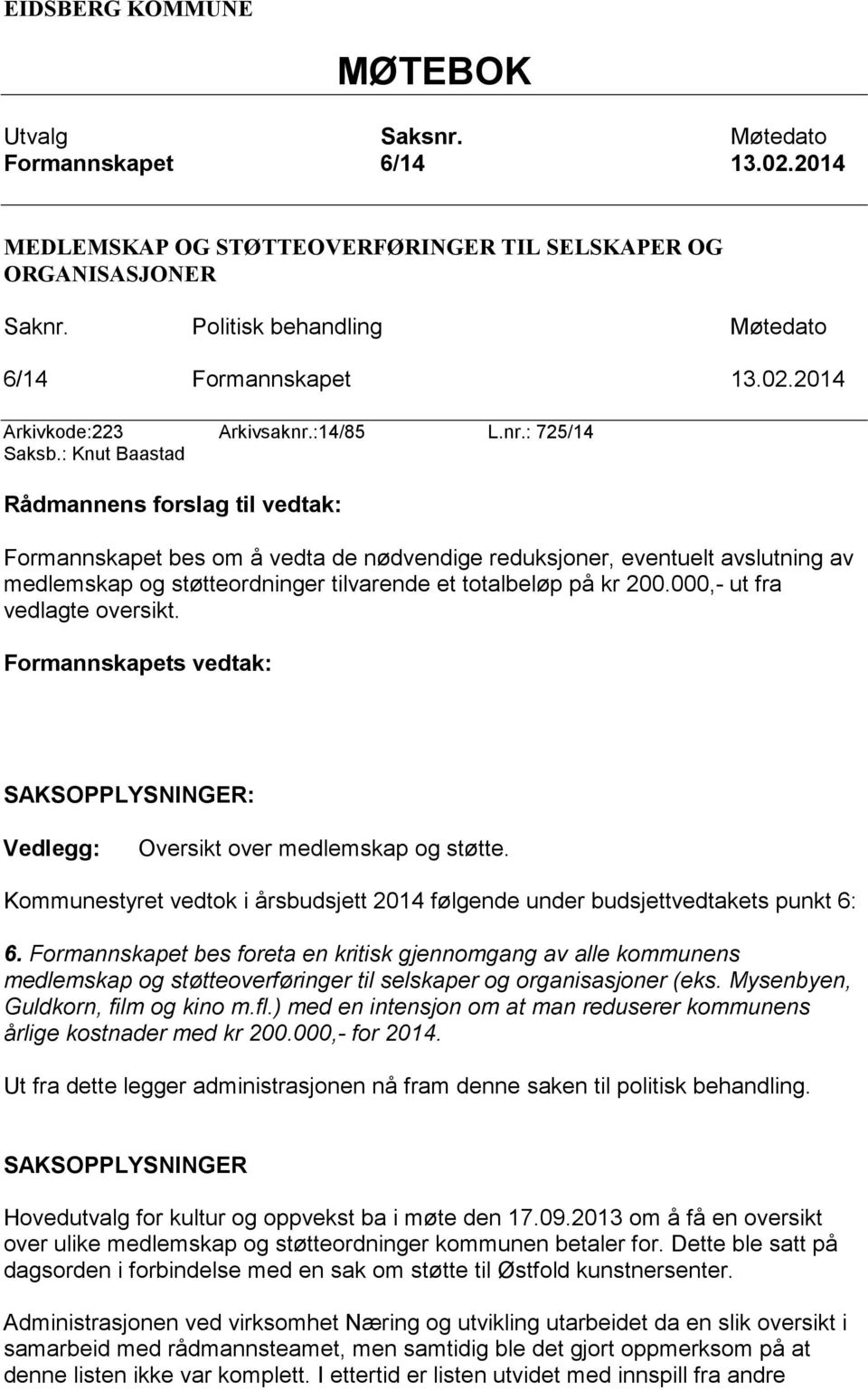 : Knut Baastad Rådmannens forslag til vedtak: Formannskapet bes om å vedta de nødvendige reduksjoner, eventuelt avslutning av medlemskap og støtteordninger tilvarende et totalbeløp på kr 200.