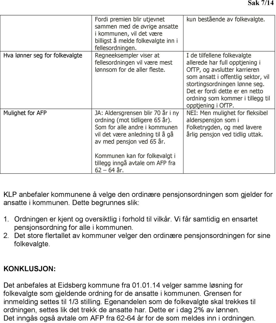 Som for alle andre i kommunen vil det være anledning til å gå av med pensjon ved 65 år. Kommunen kan for folkevalgt i tillegg inngå avtale om AFP fra 62 64 år. Sak 7/14 kun bestående av folkevalgte.