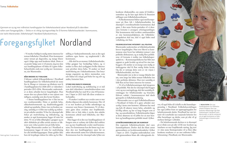 Foregangsfylket Nordland Tekst og foto: Trude Aalmen Vi merker heldigvis stadig større interesse for temaet folkehelse i Nordland.