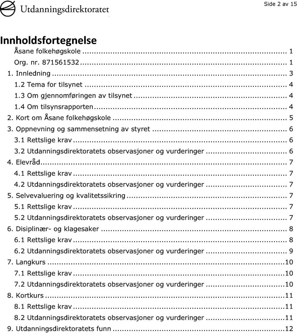 Elevråd............ 7 4.1 Rettslige krav......... 7 4.2 Utdanningsdirektoratets observasjoner og vurderinger...... 7 5. Selvevaluering og kvalitetssikring......... 7 5.1 Rettslige krav......... 7 5.2 Utdanningsdirektoratets observasjoner og vurderinger...... 7 6.