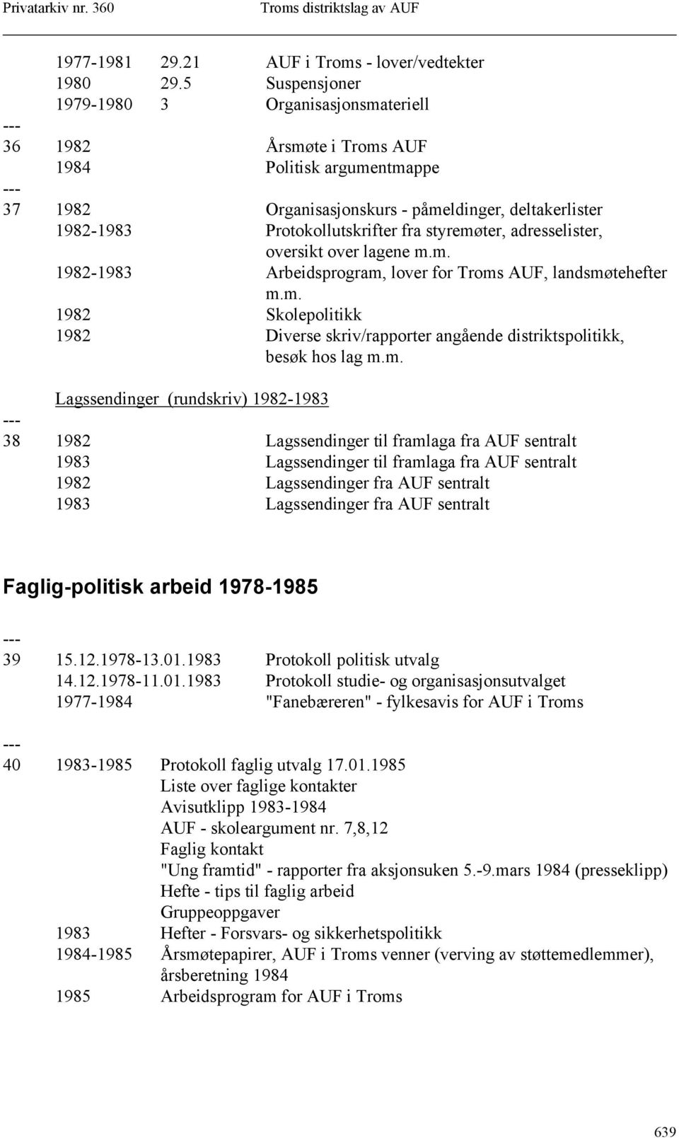 styremøter, adresselister, oversikt over lagene m.m. 1982-1983 Arbeidsprogram, lover for Troms AUF, landsmøtehefter m.m. 1982 Skolepolitikk 1982 Diverse skriv/rapporter angående distriktspolitikk, besøk hos lag m.