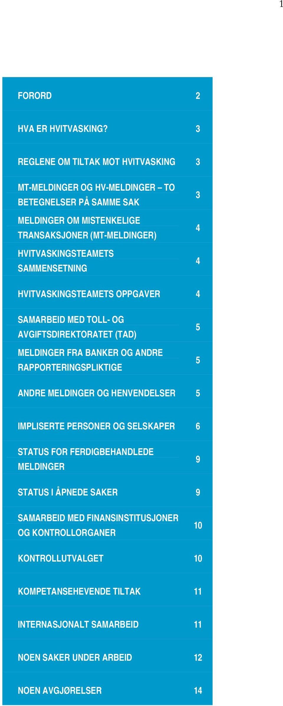 HVITVASKINGSTEAMETS SAMMENSETNING 3 4 4 HVITVASKINGSTEAMETS OPPGAVER 4 SAMARBEID MED TOLL- OG AVGIFTSDIREKTORATET (TAD) MELDINGER FRA BANKER OG ANDRE