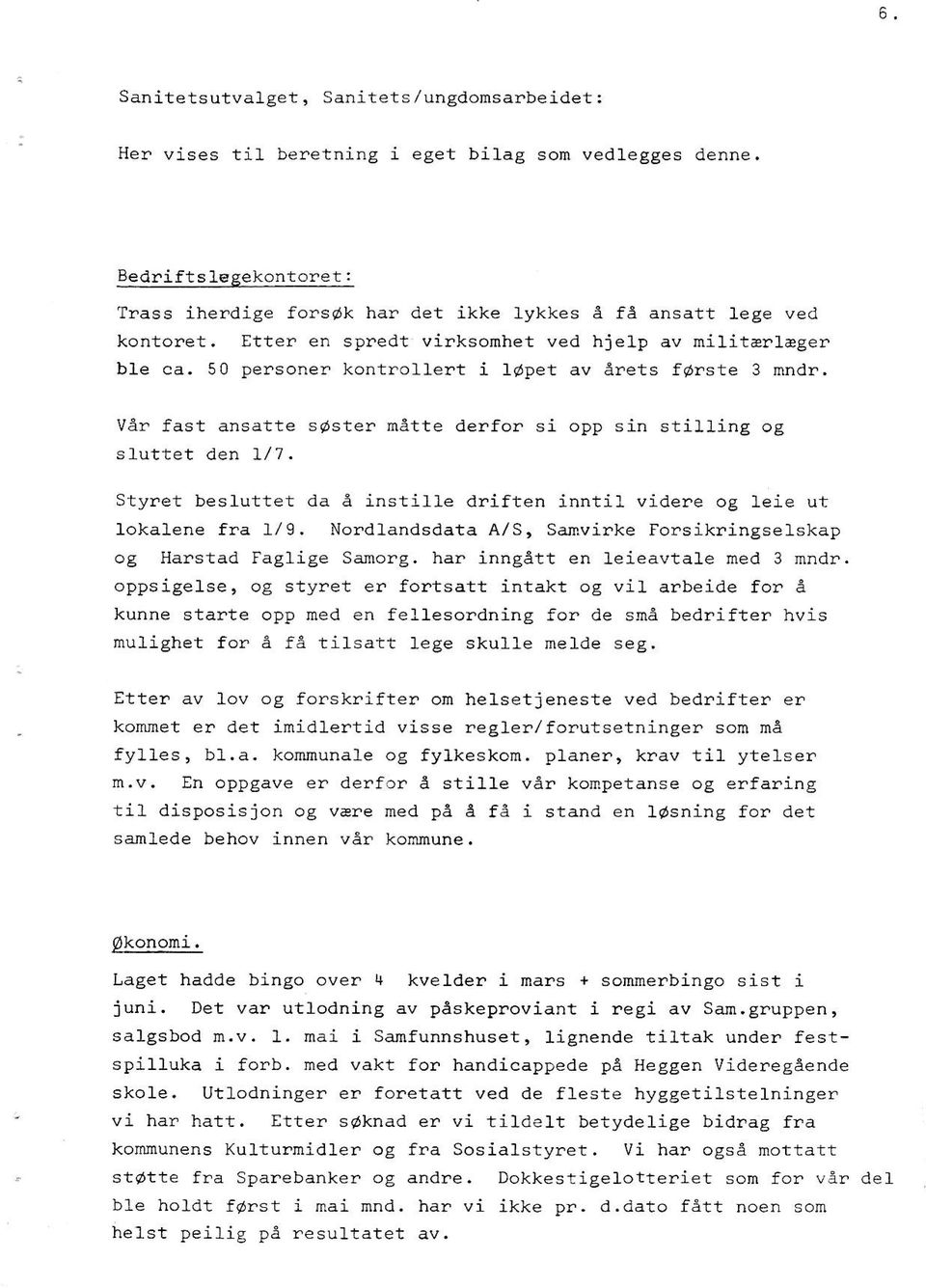 Vdr fast ansalte soster mette derfor si opp sin sti]ling sluttet den 1/7. og Styrer besluttet da e instille dniften inntil videre og leie ul lokalene fra L/9.