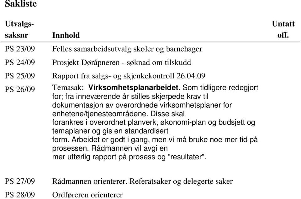 Som tidligere redegjort for; fra inneværende år stilles skjerpede krav til dokumentasjon av overordnede virksomhetsplaner for enhetene/tjenesteområdene.