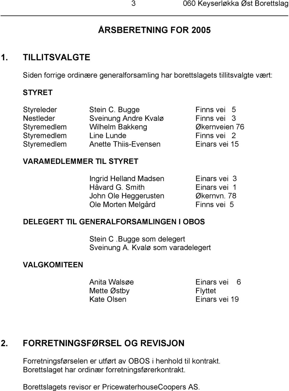 TIL STYRET Ingrid Helland Madsen Einars vei 3 Håvard G. Smith Einars vei 1 John Ole Heggerusten Økernvn. 78 Ole Morten Melgård Finns vei 5 DELEGERT TIL GENERALFORSAMLINGEN I OBOS VALGKOMITEEN Stein C.