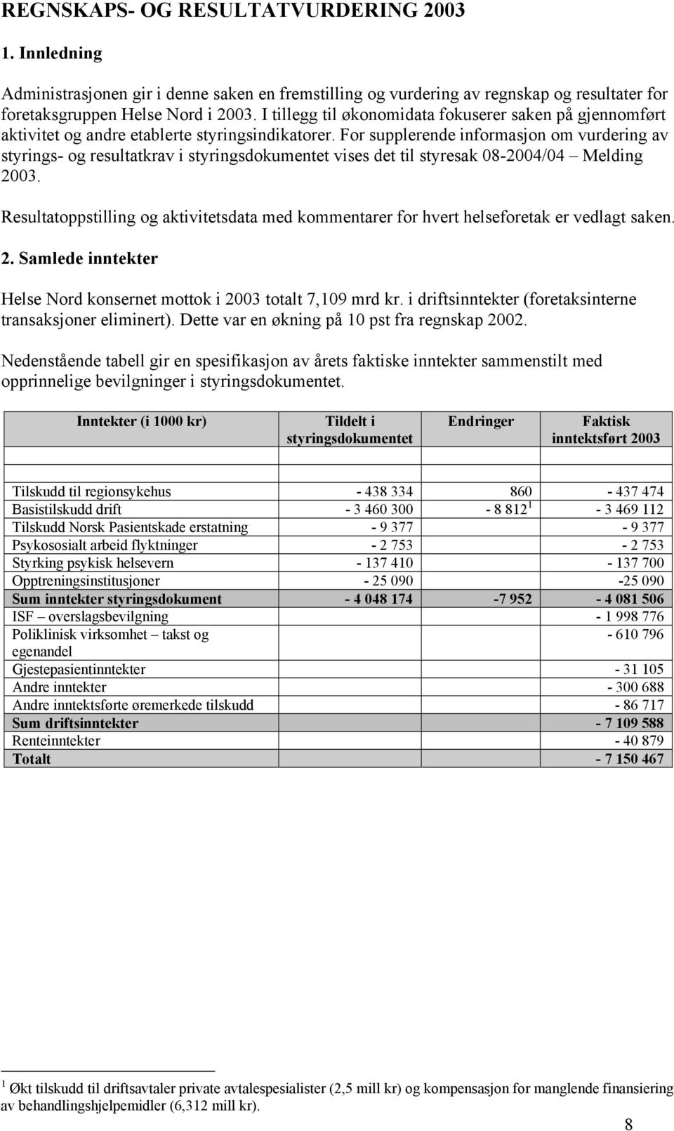 For supplerende informasjon om vurdering av styrings- og resultatkrav i styringsdokumentet vises det til styresak 08-2004/04 Melding 2003.