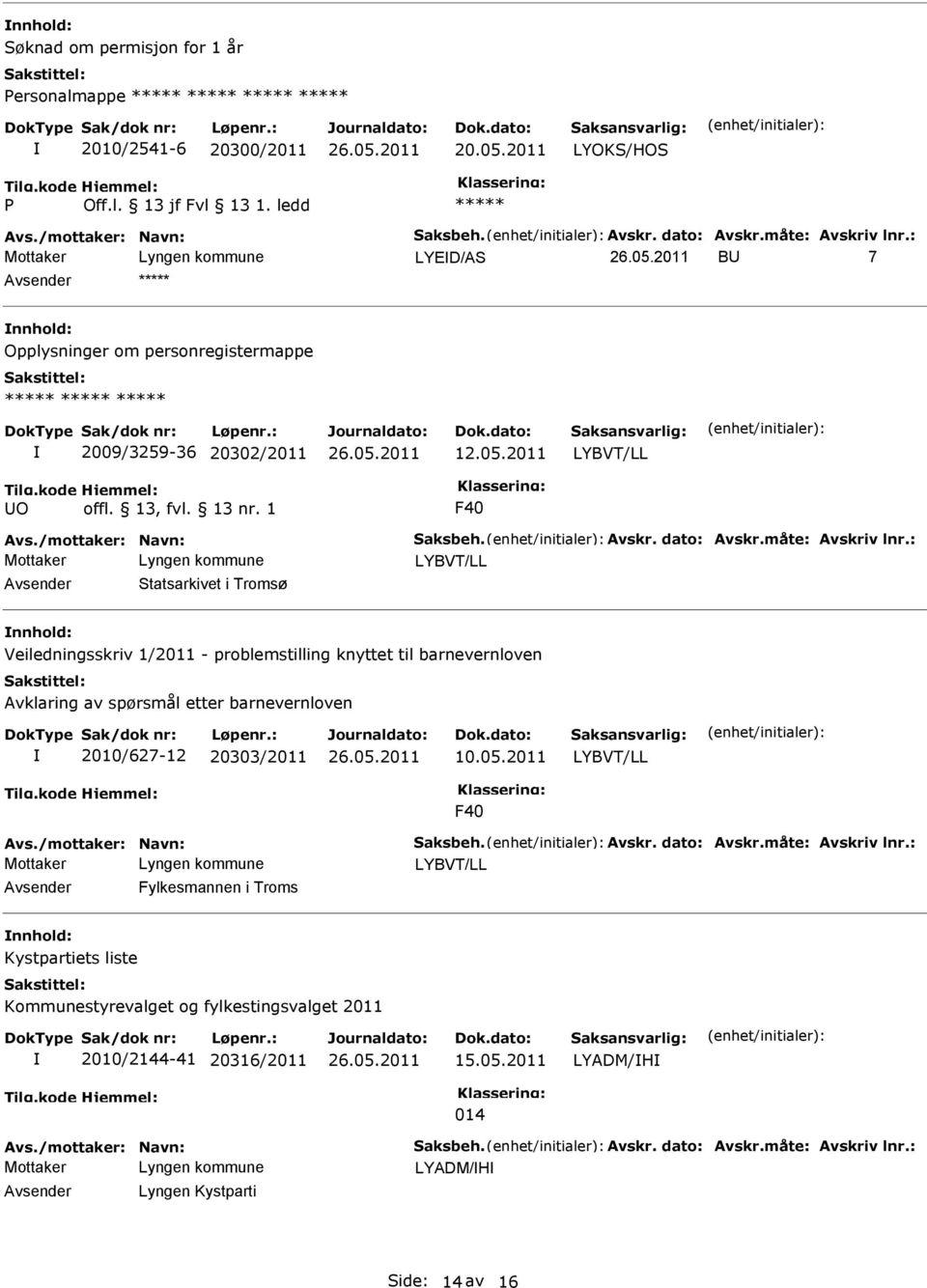 1 F40 LYBVT/LL Statsarkivet i Tromsø Veiledningsskriv 1/2011 - problemstilling knyttet til barnevernloven Avklaring av spørsmål etter barnevernloven