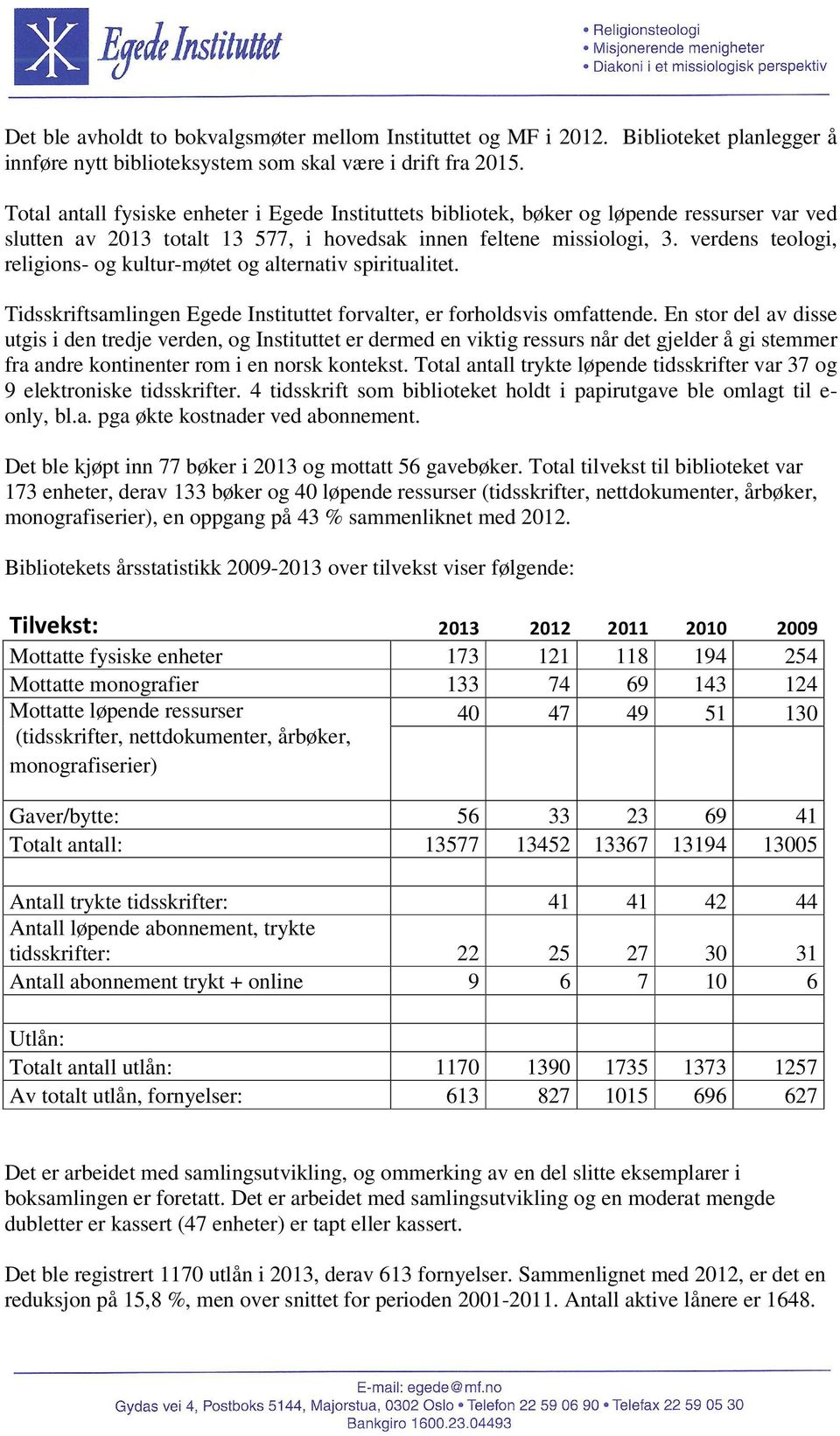 verdens teologi, religions- og kultur-møtet og alternativ spiritualitet. Tidsskriftsamlingen Egede Instituttet forvalter, er forholdsvis omfattende.