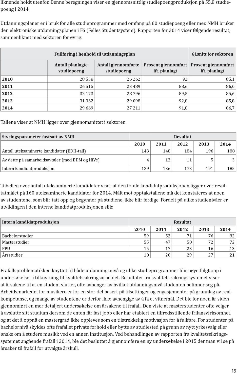 Rapporten for 2014 viser følgende resultat, sammenliknet med sektoren for øvrig: Fullføring i henhold til utdanningsplan Gj.