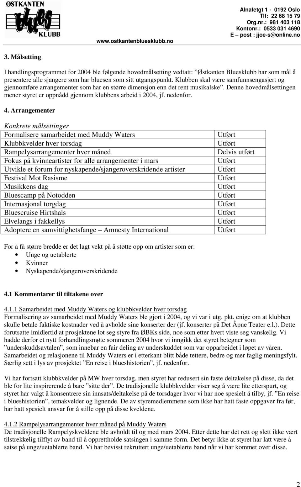 Denne hovedmålsettingen mener styret er oppnådd gjennom klubbens arbeid i 2004, jf. nedenfor. 4.