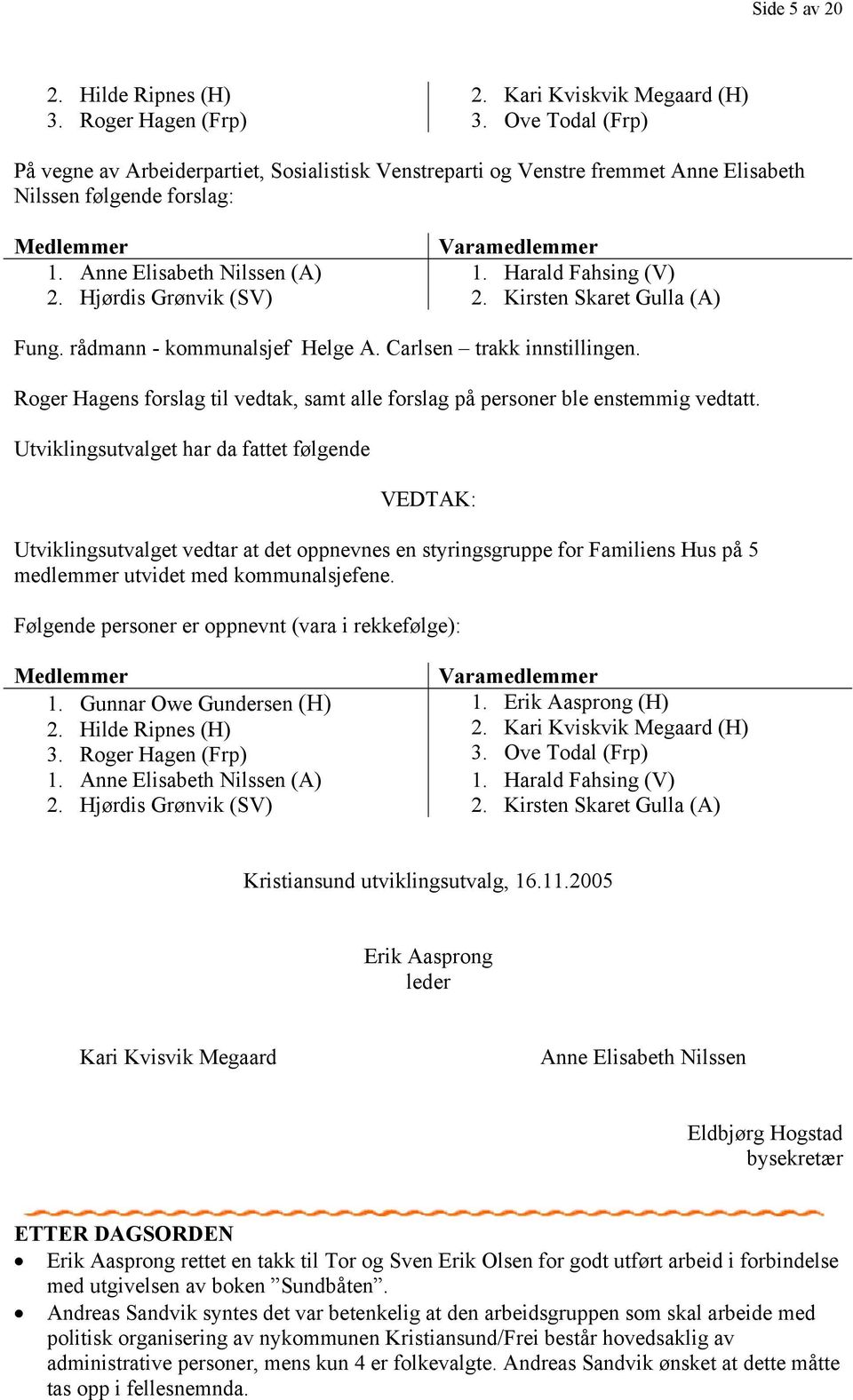 Hjørdis Grønvik (SV) Varamedlemmer 1. Harald Fahsing (V) 2. Kirsten Skaret Gulla (A) Fung. rådmann - kommunalsjef Helge A. Carlsen trakk innstillingen.