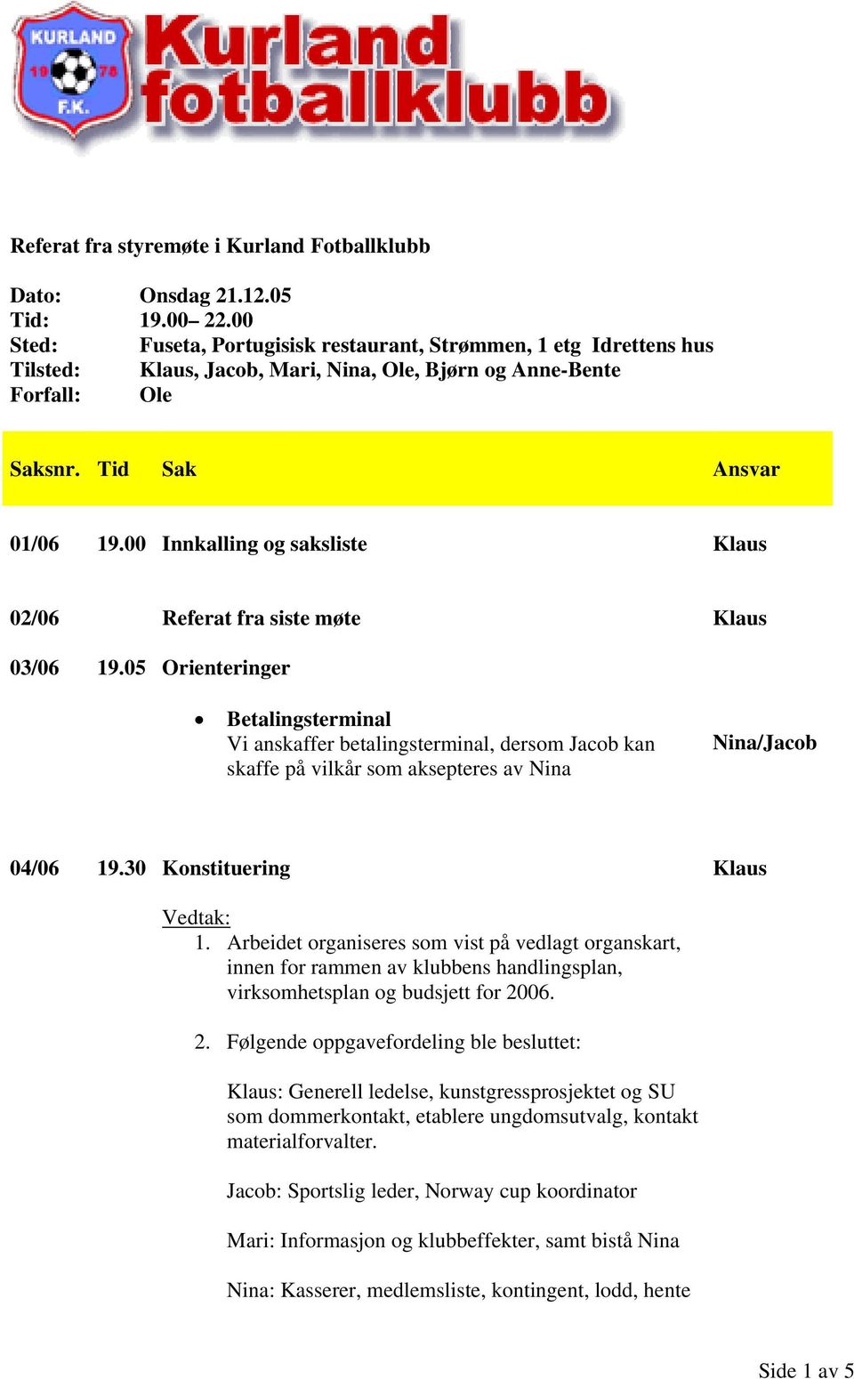 00 Innkalling og saksliste Klaus 02/06 Referat fra siste møte Klaus 03/06 19.