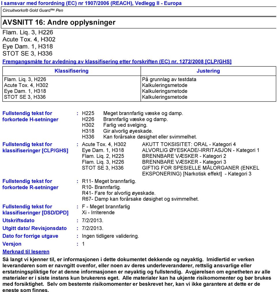 1, H318 STOT SE 3, H336 Klassifisering På grunnlag av testdata Kalkuleringsmetode Kalkuleringsmetode Kalkuleringsmetode Justering Fullstendig tekst for forkortede H-setninger Fullstendig tekst for