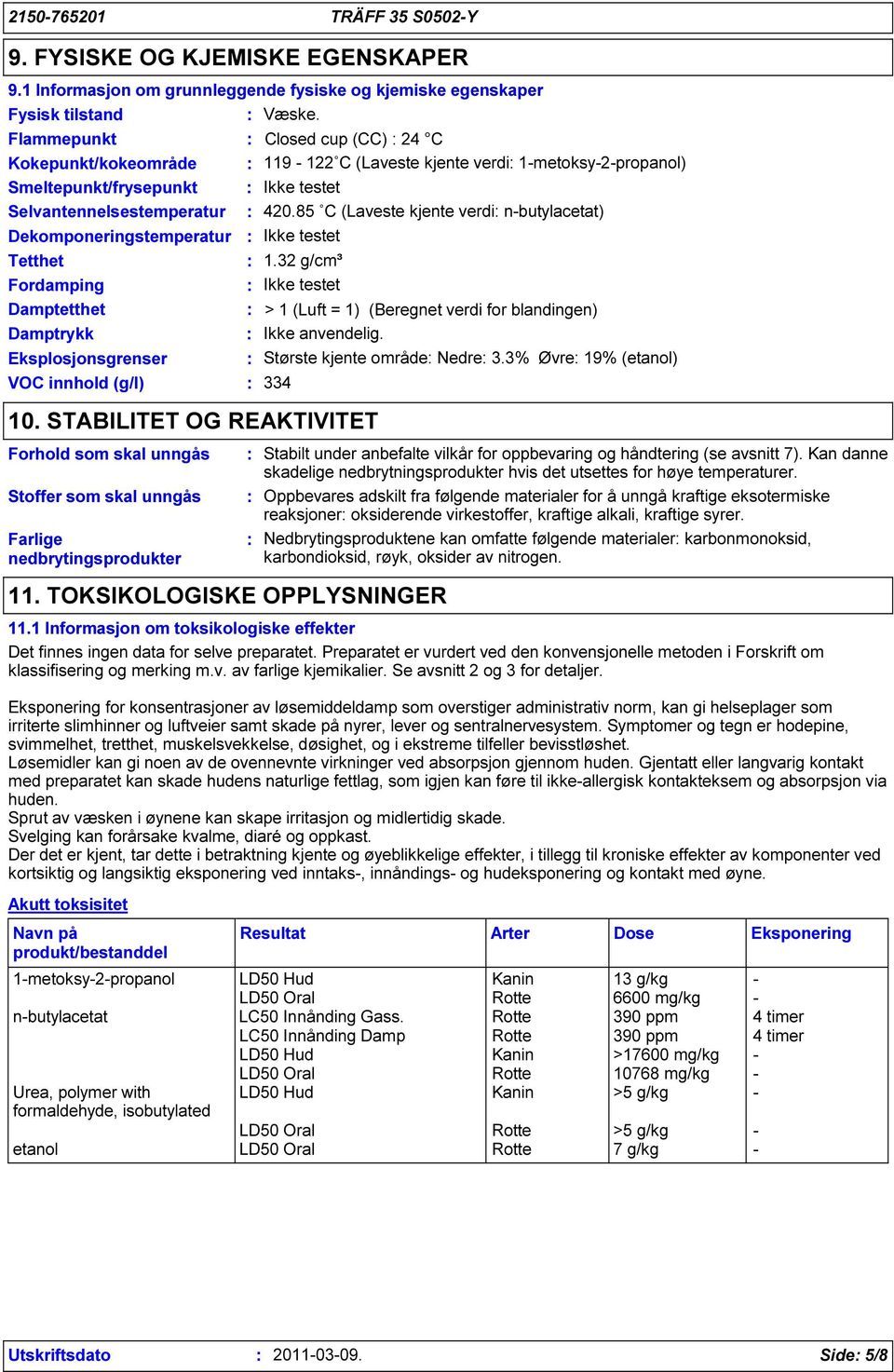 85 C (Laveste kjente verdi n-butylacetat) Dekomponeringstemperatur Ikke testet Tetthet 1.