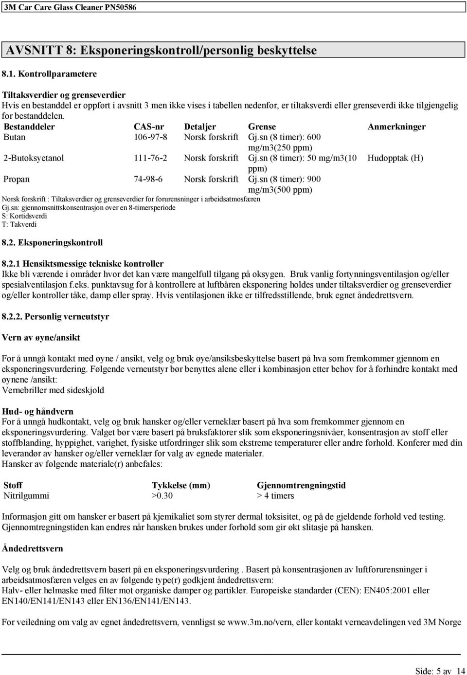 Bestanddeler CAS-nr Detaljer Grense Anmerkninger Butan 106-97-8 Norsk forskrift Gj.sn (8 timer): 600 mg/m3(250 ppm) 111-76-2 Norsk forskrift Gj.