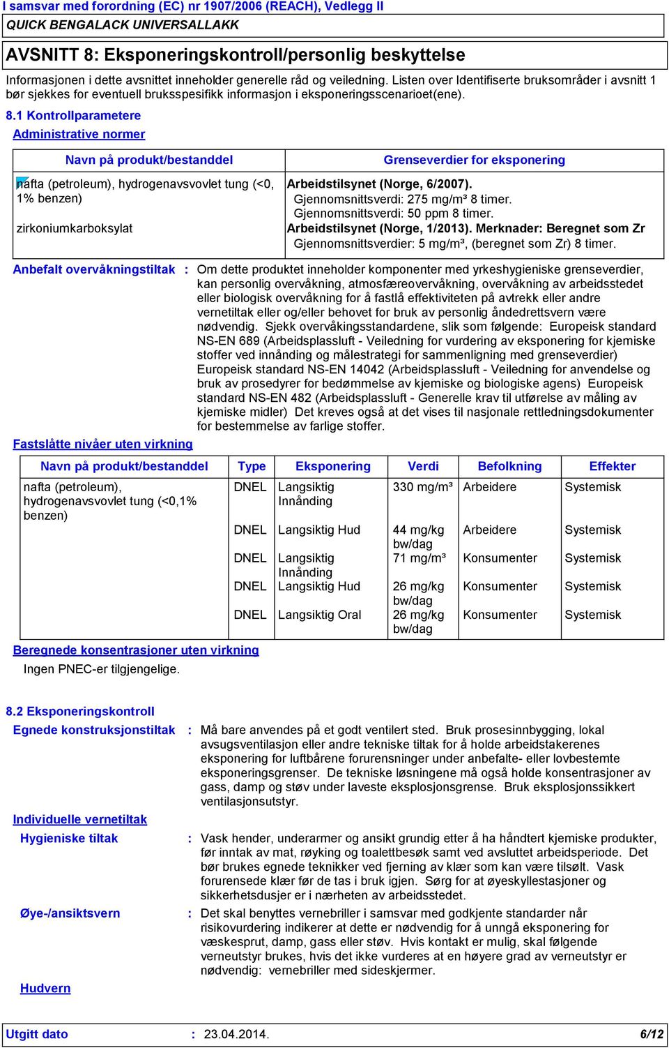 1 Kontrollparametere Administrative normer Navn på produkt/bestanddel nafta (petroleum), hydrogenavsvovlet tung (<0, 1% benzen) zirkoniumkarboksylat Grenseverdier for eksponering Arbeidstilsynet