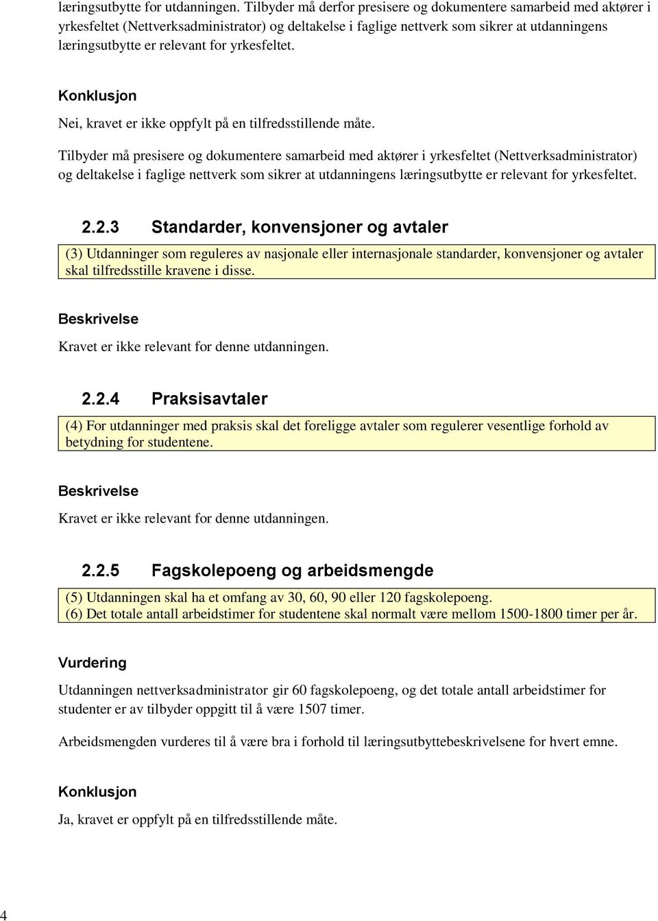 yrkesfeltet. Nei, kravet er ikke oppfylt på en tilfredsstillende måte.