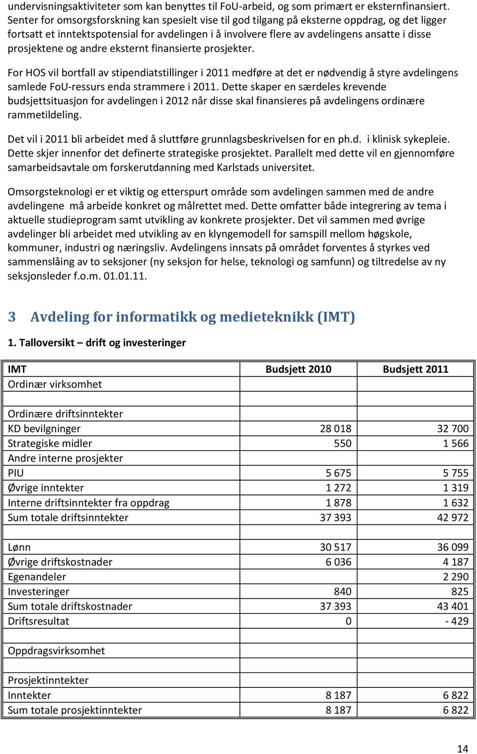 prosjektene og andre eksternt finansierte prosjekter. For HOS vil bortfall av stipendiatstillinger i 2011 medføre at det er nødvendig å styre avdelingens samlede FoU-ressurs enda strammere i 2011.