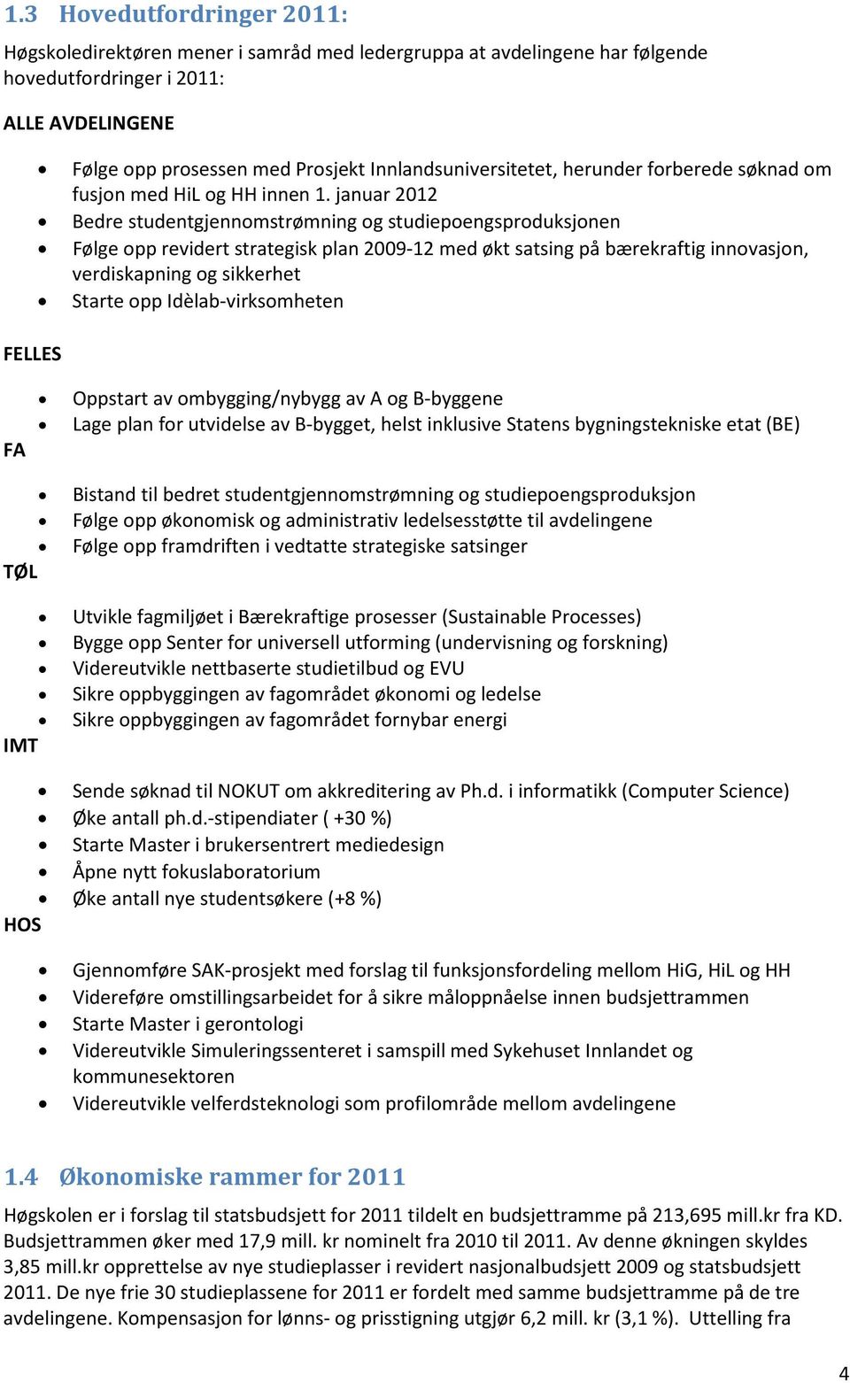 januar 2012 Bedre studentgjennomstrømning og studiepoengsproduksjonen Følge opp revidert strategisk plan 2009-12 med økt satsing på bærekraftig innovasjon, verdiskapning og sikkerhet Starte opp