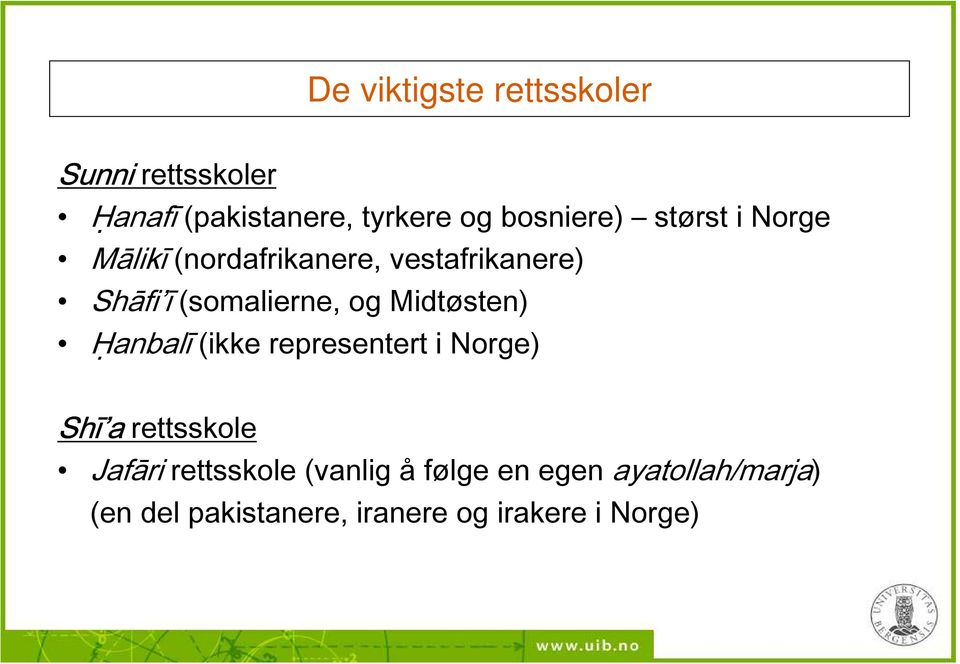 (somalierne, og Midtøsten) Ḥanbalī (ikke representert i Norge) Shī a rettsskole