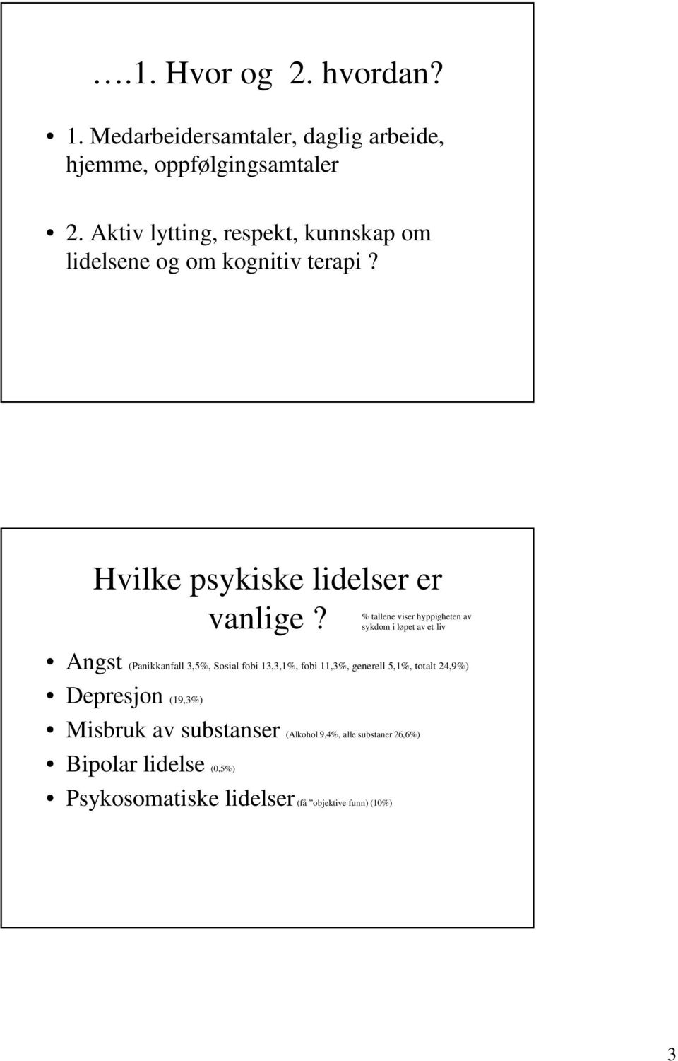 Angst (Panikkanfall 3,5%, Sosial fobi 13,3,1%, fobi 11,3%, generell 5,1%, totalt 24,9%) Depresjon (19,3%) Misbruk av