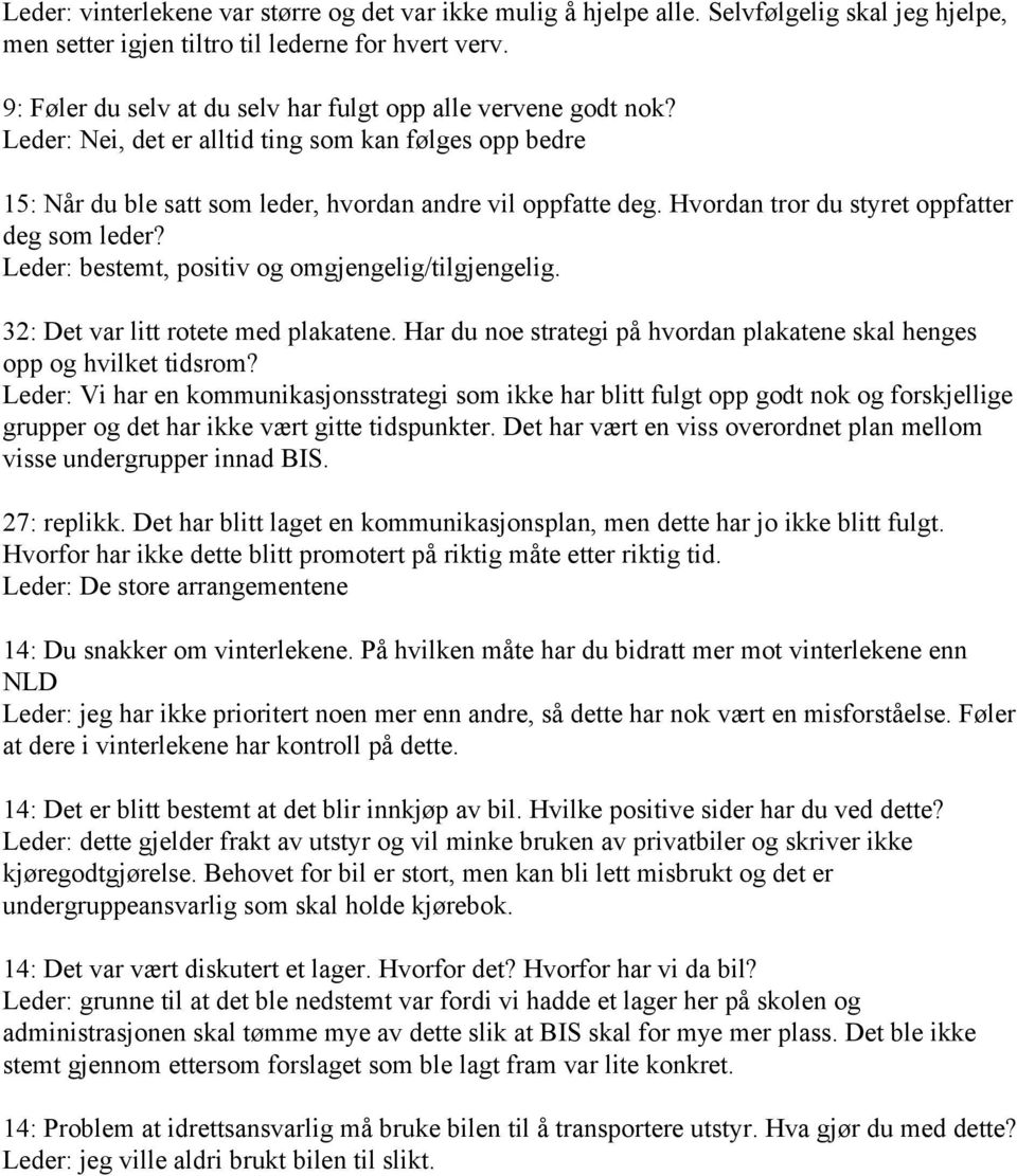 Hvordan tror du styret oppfatter deg som leder? Leder: bestemt, positiv og omgjengelig/tilgjengelig. 32: Det var litt rotete med plakatene.