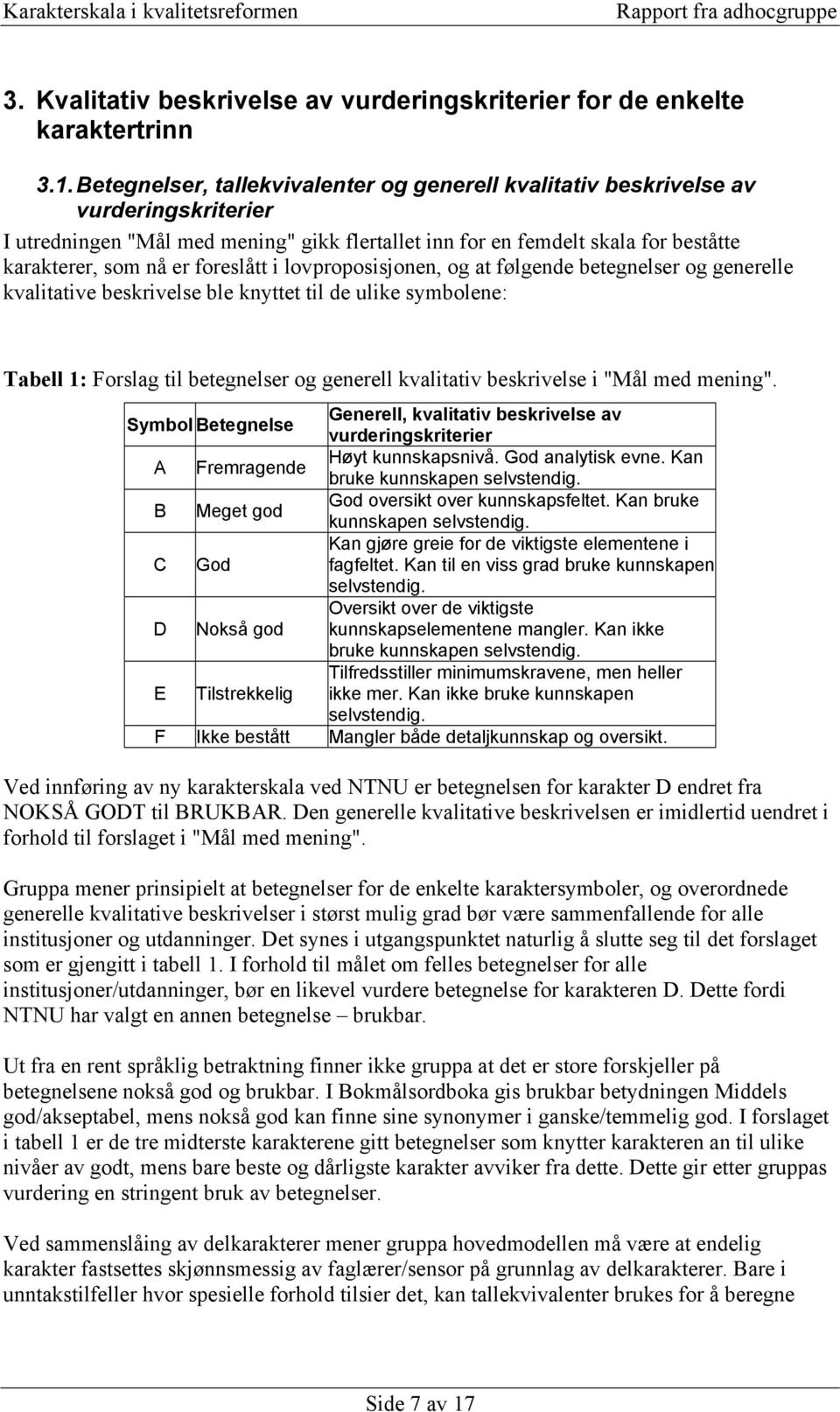 foreslått i lovproposisjonen, og at følgende betegnelser og generelle kvalitative beskrivelse ble knyttet til de ulike symbolene: Tabell 1: Forslag til betegnelser og generell kvalitativ beskrivelse