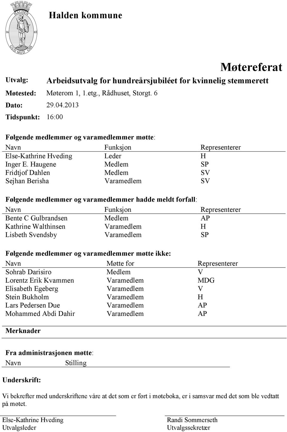 Haugene Medlem SP Fridtjof Dahlen Medlem SV Sejhan Berisha Varamedlem SV Følgende medlemmer og varamedlemmer hadde meldt forfall: Navn Funksjon Representerer Bente C Gulbrandsen Medlem AP Kathrine