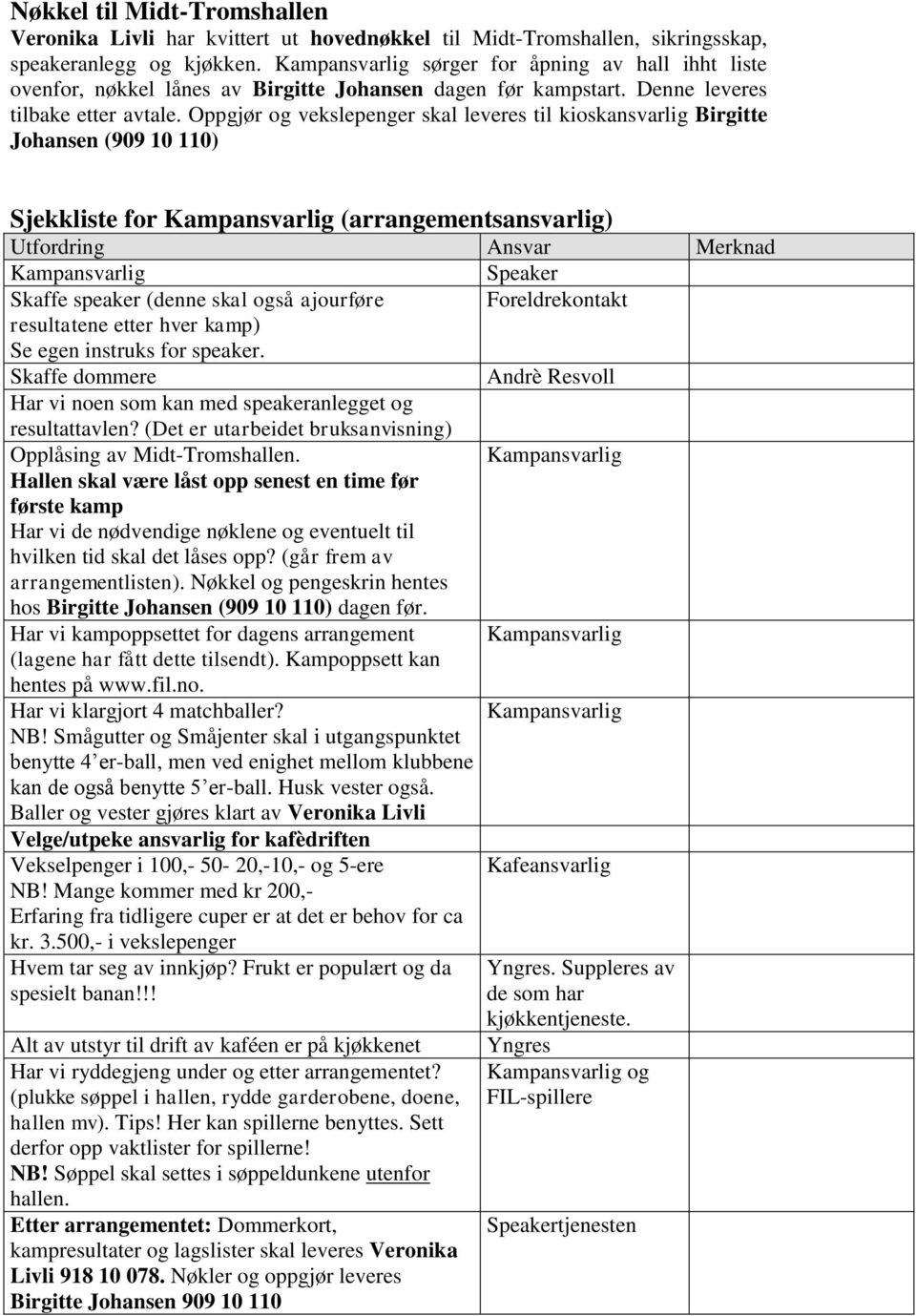 Oppgjør og vekslepenger skal leveres til kioskansvarlig Birgitte Johansen (909 10 110) Sjekkliste for Kampansvarlig (arrangementsansvarlig) Utfordring Ansvar Merknad Kampansvarlig Speaker Skaffe