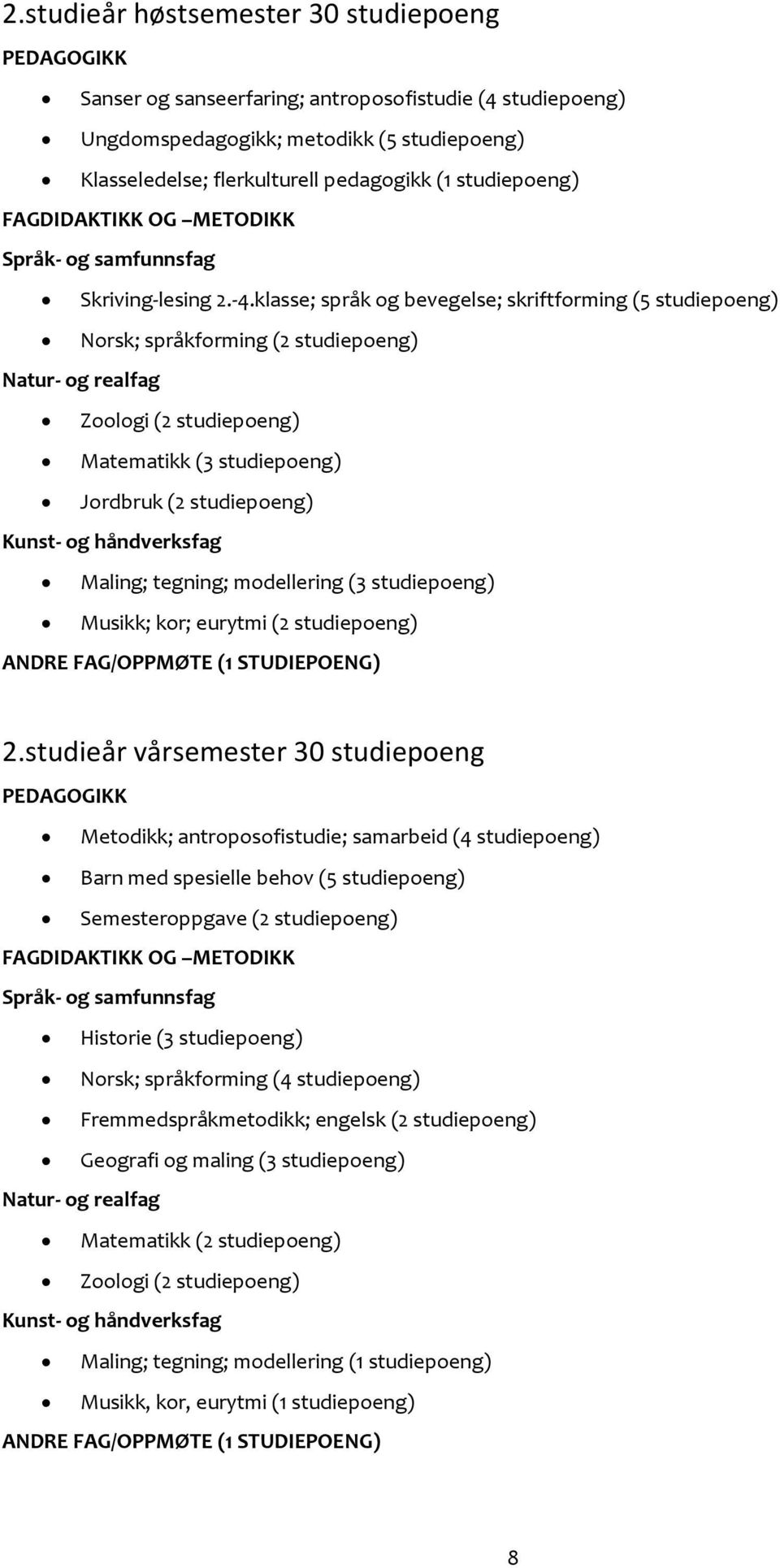 klasse; språk og bevegelse; skriftforming (5 studiepoeng) Norsk; språkforming (2 studiepoeng) Natur- og realfag Zoologi (2 studiepoeng) Matematikk (3 studiepoeng) Jordbruk (2 studiepoeng) Kunst- og