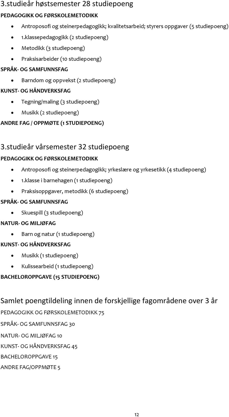 studiepoeng) Musikk (2 studiepoeng) ANDRE FAG / OPPMØTE (1 STUDIEPOENG) 3.