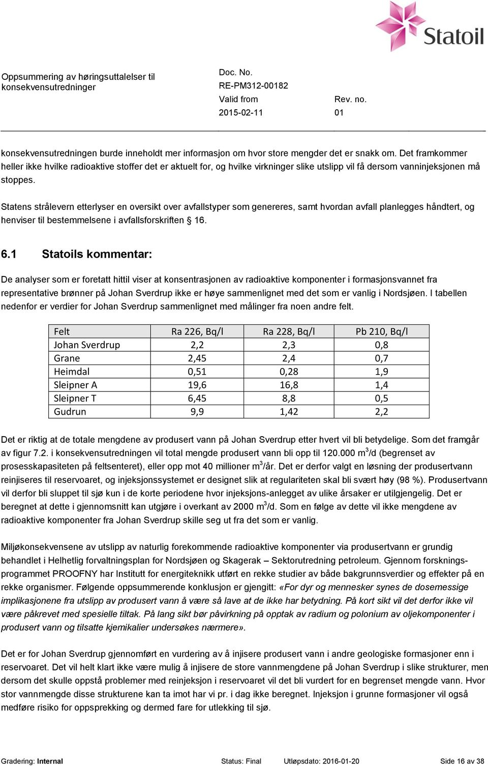 Statens strålevern etterlyser en oversikt over avfallstyper som genereres, samt hvordan avfall planlegges håndtert, og henviser til bestemmelsene i avfallsforskriften 16. 6.