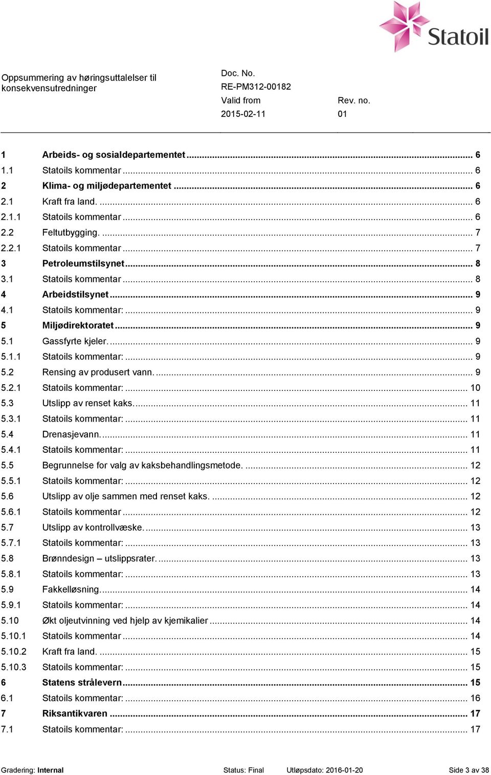 ... 9 5.2.1 Statoils kommentar:... 10 5.3 Utslipp av renset kaks.... 11 5.3.1 Statoils kommentar:... 11 5.4 Drenasjevann.... 11 5.4.1 Statoils kommentar:... 11 5.5 Begrunnelse for valg av kaksbehandlingsmetode.