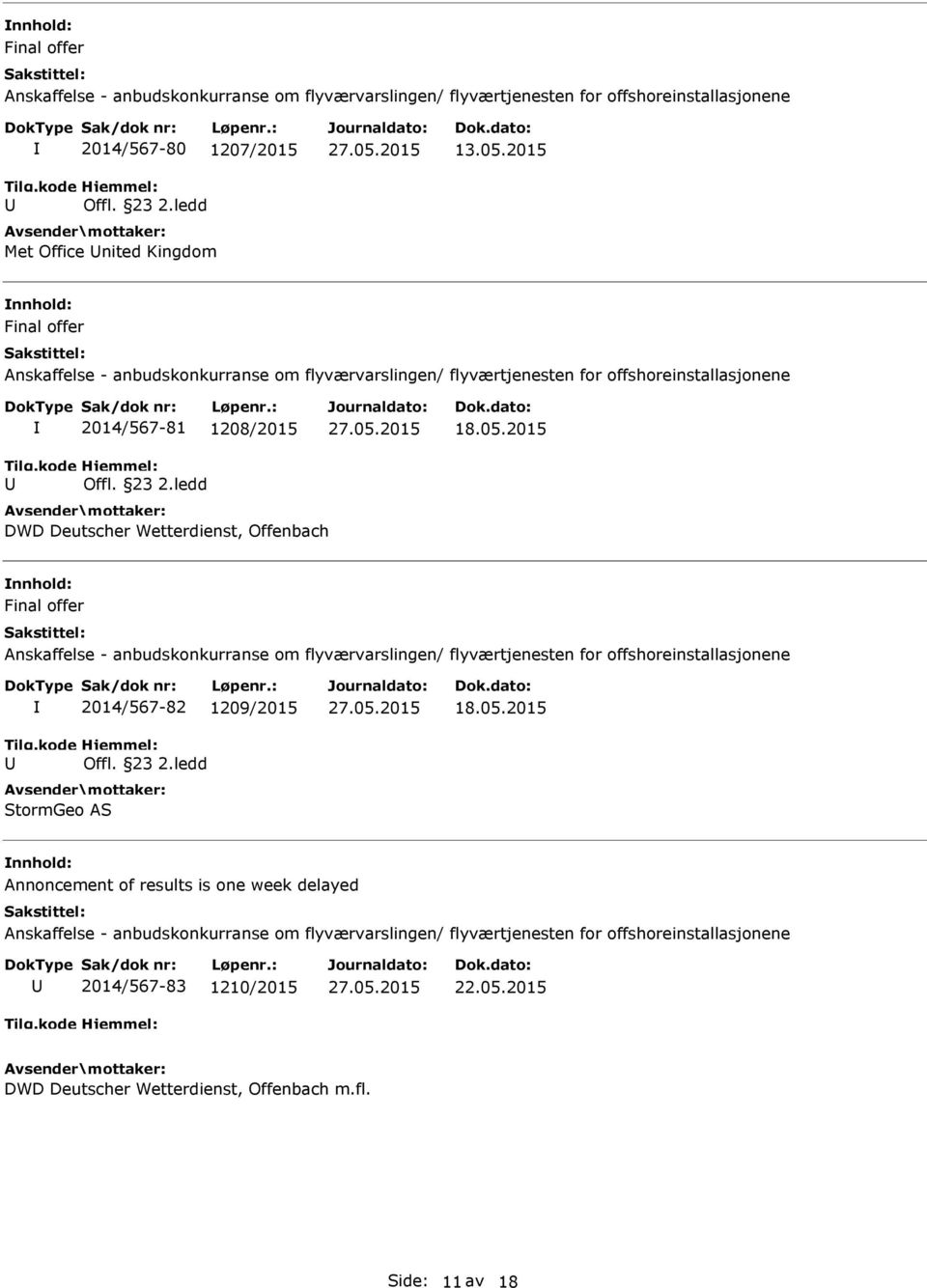 2015 DWD Deutscher Wetterdienst, Offenbach Final offer Anskaffelse - anbudskonkurranse om flyværvarslingen/ flyværtjenesten for offshoreinstallasjonene 2014/567-82 1209/2015 Offl. 23 2.