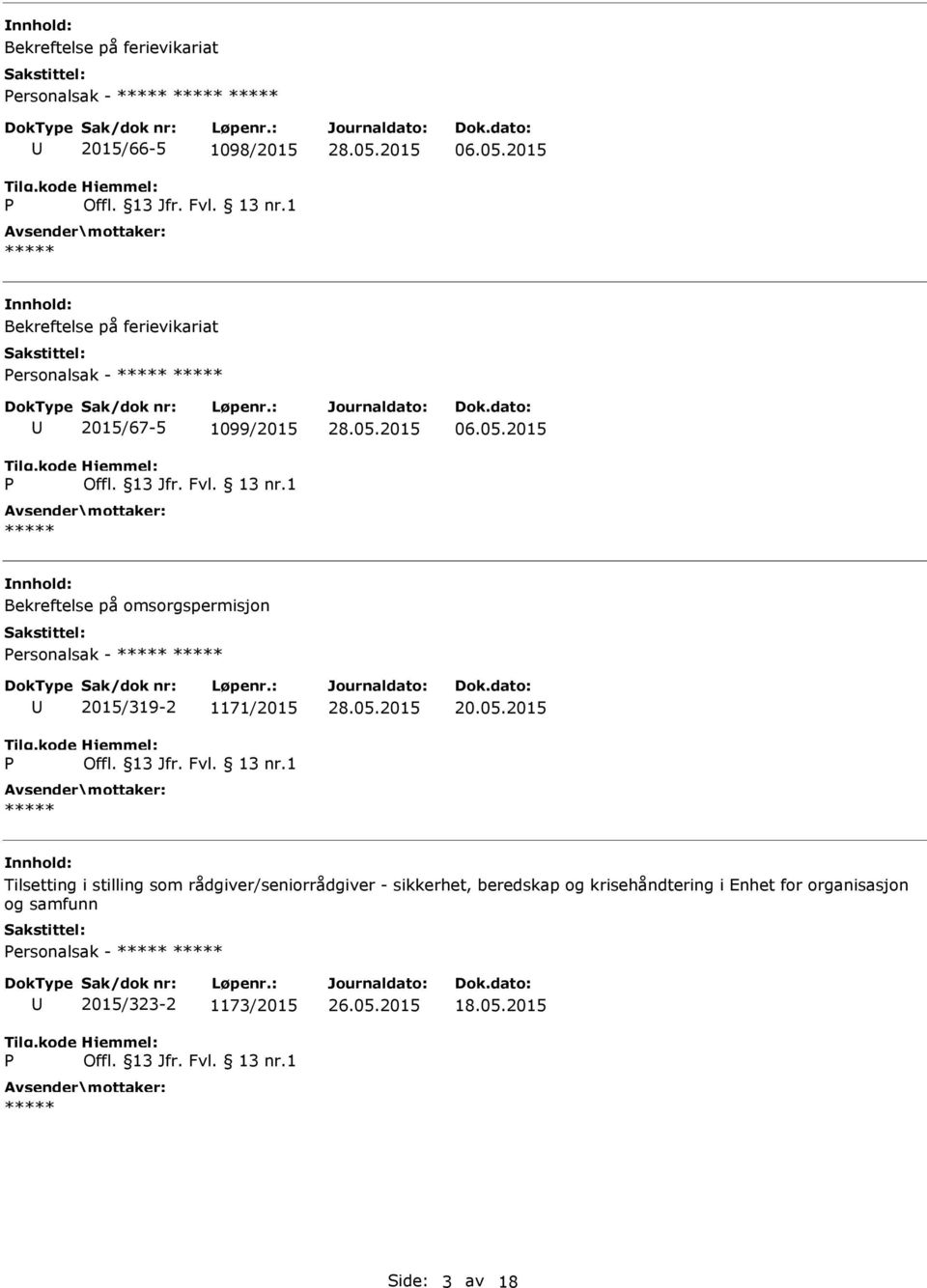 2015 Bekreftelse på omsorgspermisjon ersonalsak - 2015/319-2 1171/2015 20.05.