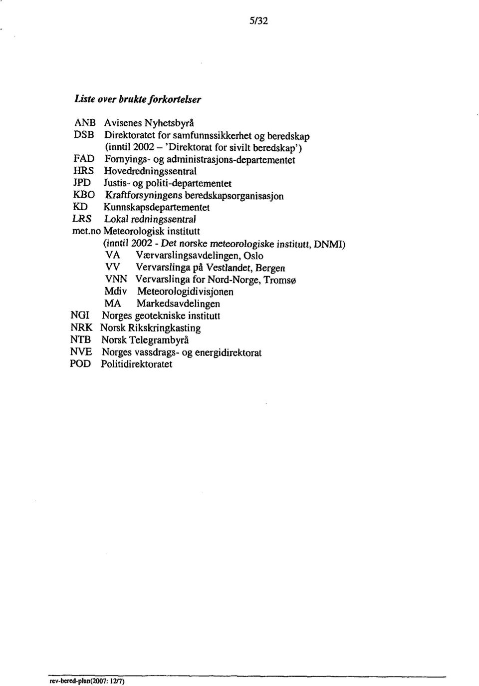 no Meteorologisk institutt (inntil 2002 - Det norske meteorologiske institutt, DNMI) VA Værvarslingsavdelingen, Oslo VV Vervarslinga på Vestlandet, Bergen VNN Vervarslinga for Nord-Norge, Tromsø