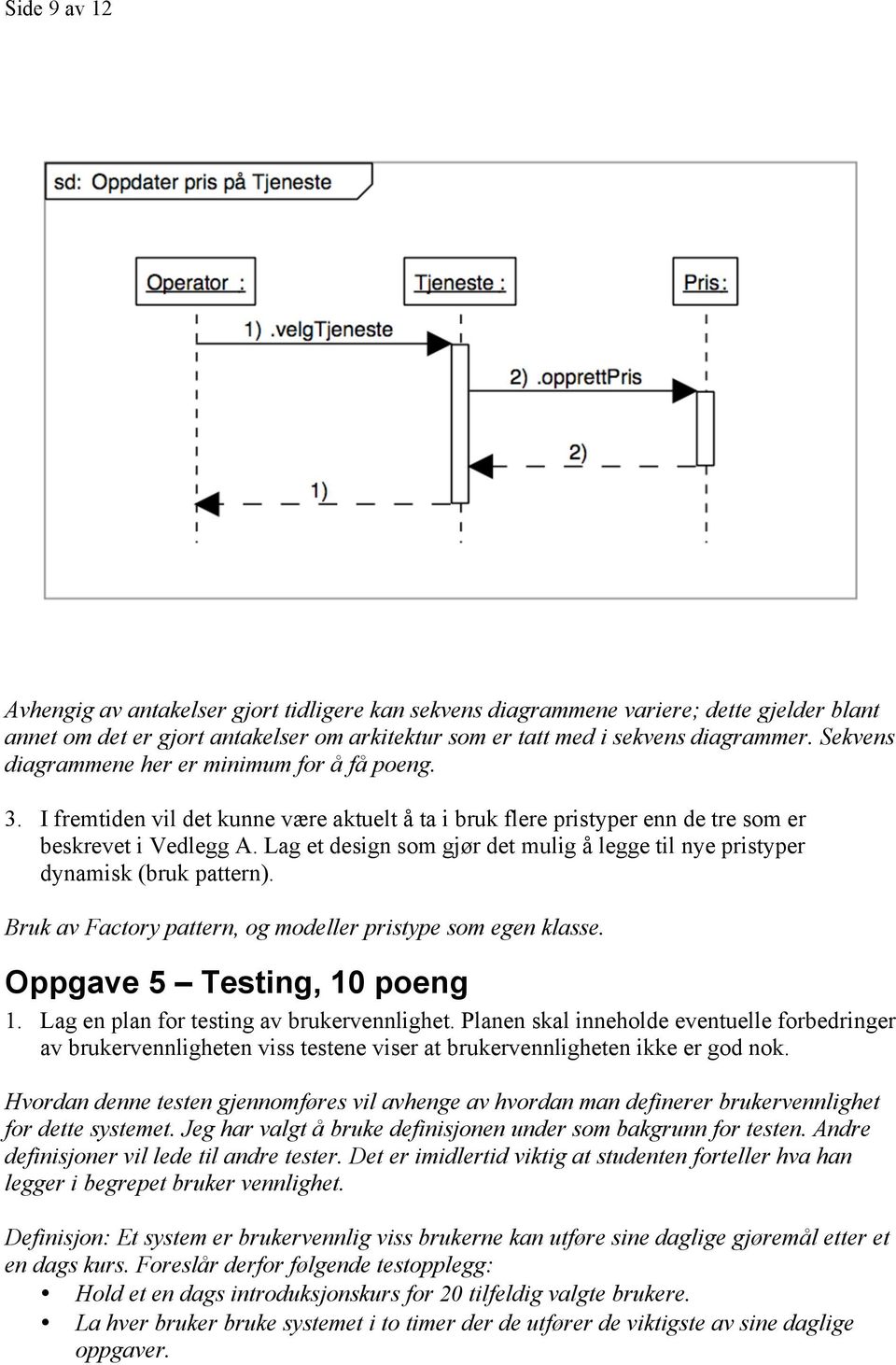 Lag et design som gjør det mulig å legge til nye pristyper dynamisk (bruk pattern). Bruk av Factory pattern, og modeller pristype som egen klasse. Oppgave 5 Testing, 10 poeng 1.