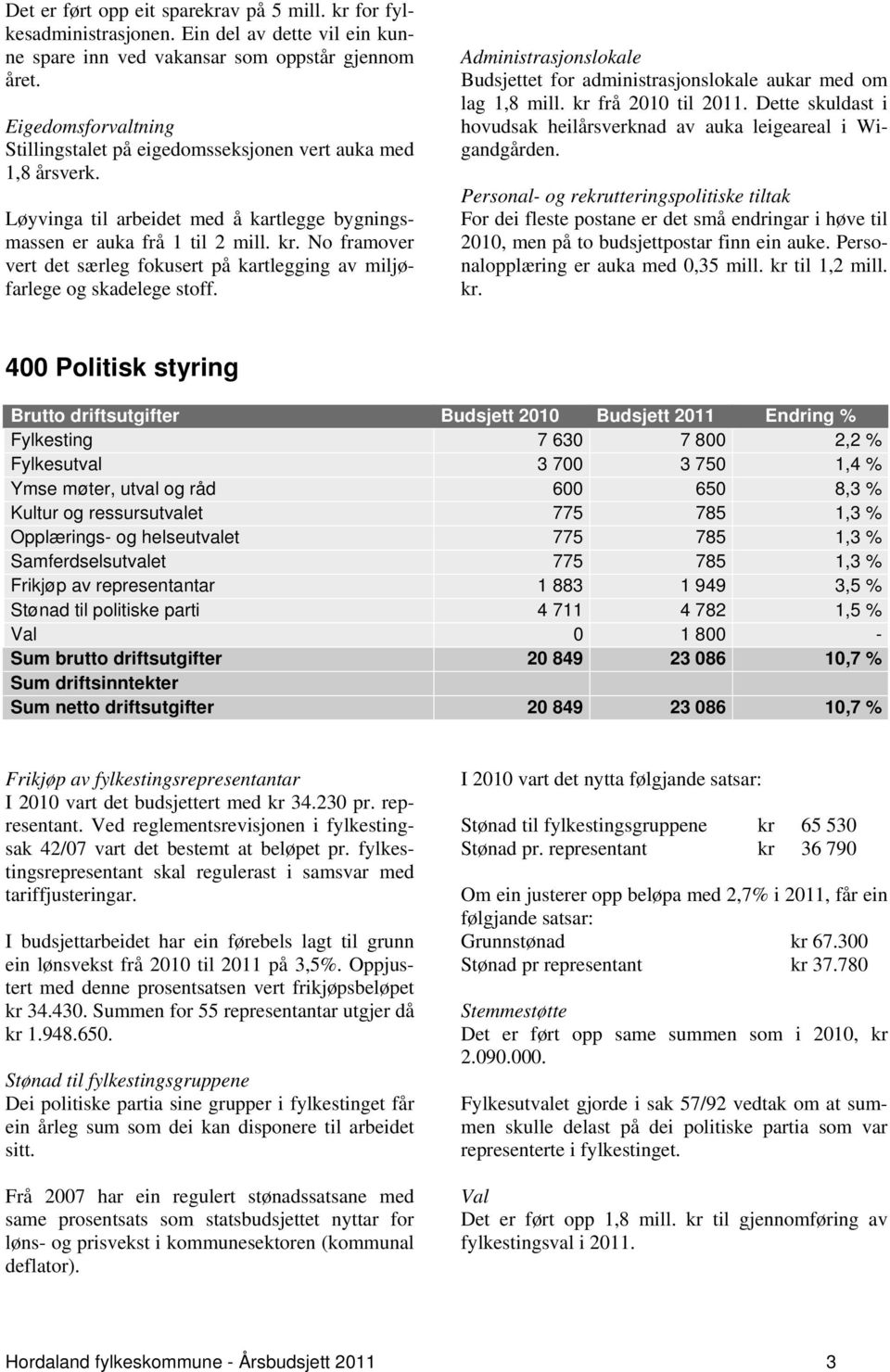 No framover vert det særleg fokusert på kartlegging av miljøfarlege og skadelege stoff. Administrasjonslokale Budsjettet for administrasjonslokale aukar med om lag 1,8 mill. kr frå 2010 til 2011.