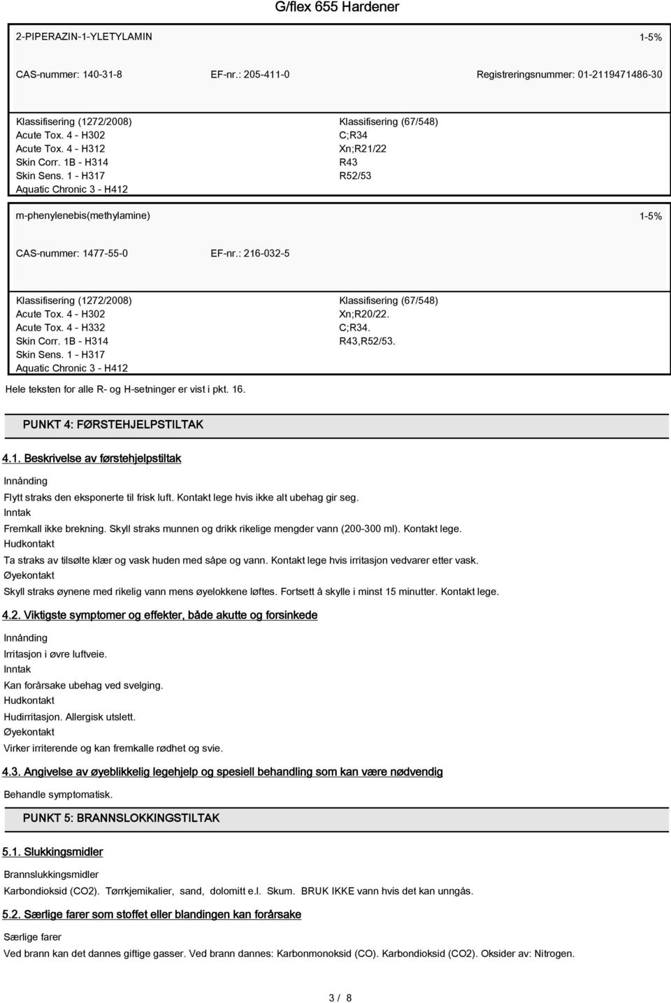 1 - H317 Aquatic Chronic 3 - H412 Xn;R20/22. C;R34. R43,R52/53. Hele teksten for alle R- og H-setninger er vist i pkt. 16. PUNKT 4: FØRSTEHJELPSTILTAK 4.1. Beskrivelse av førstehjelpstiltak Innånding Flytt straks den eksponerte til frisk luft.